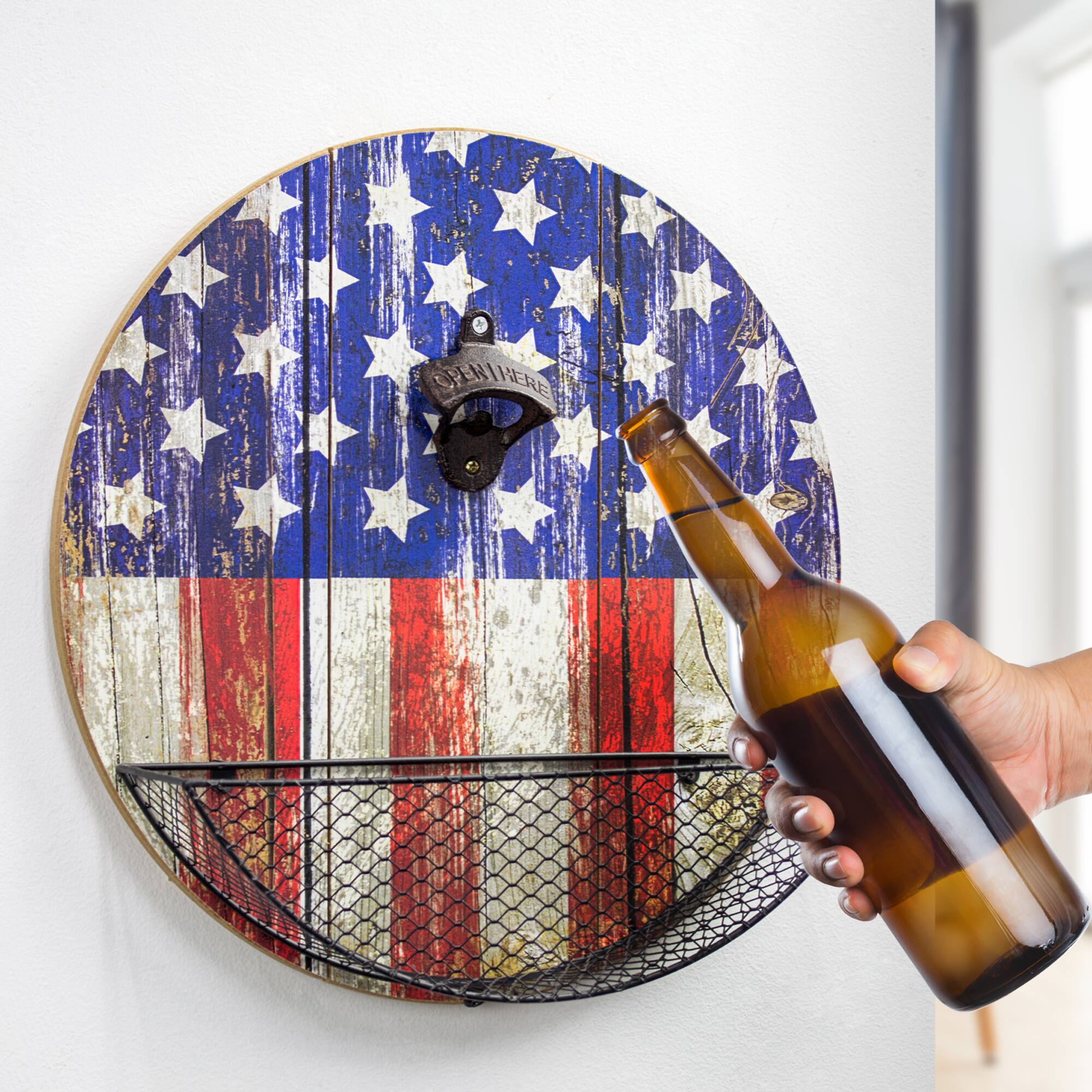 American Flag Bottle Opener &#x26; Cap Catcher Wall D&#xE9;cor
