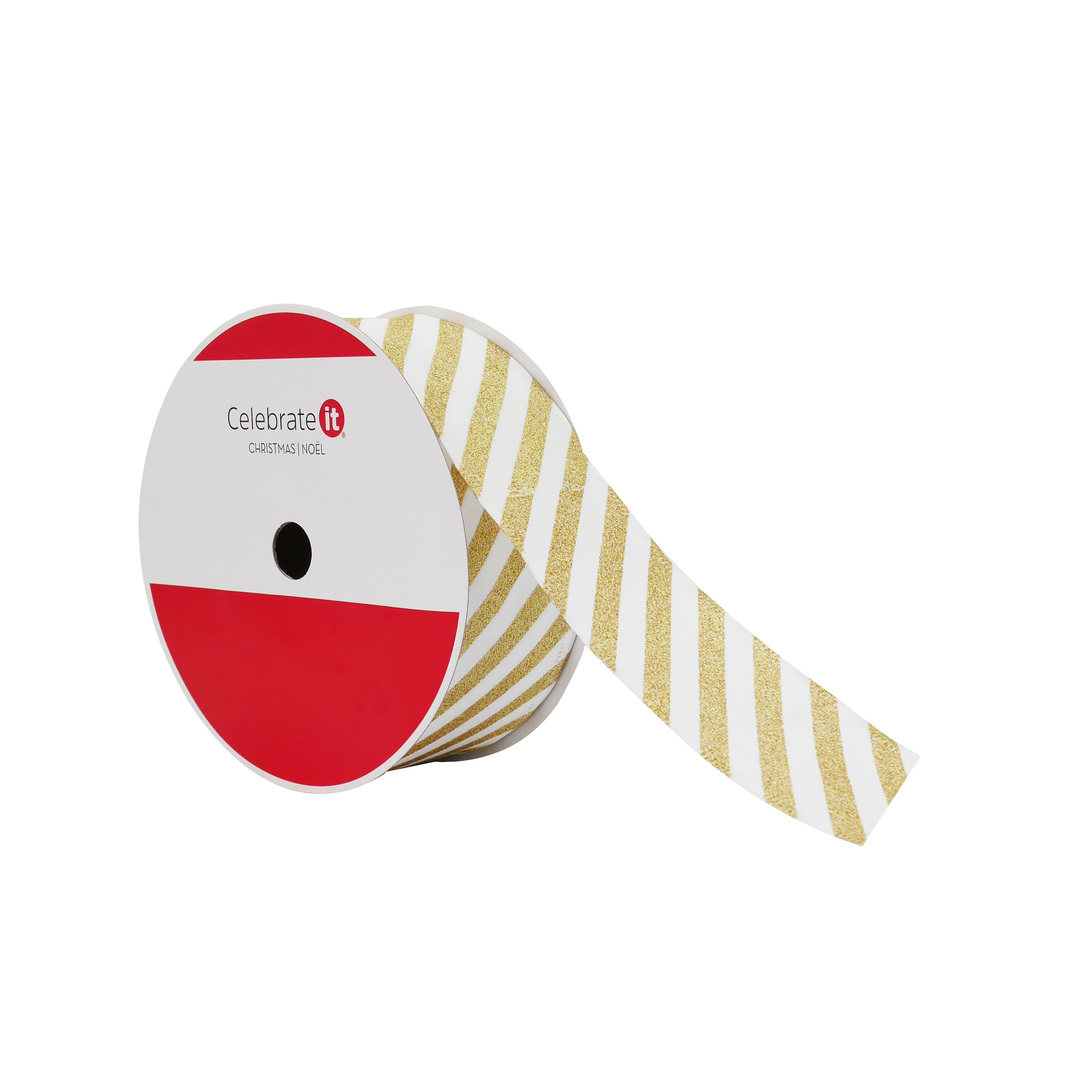 2.5&#x22; x 80ft. White &#x26; Gold Glitter Stripes Wired Jumbo Ribbon by Celebrate It&#xAE;