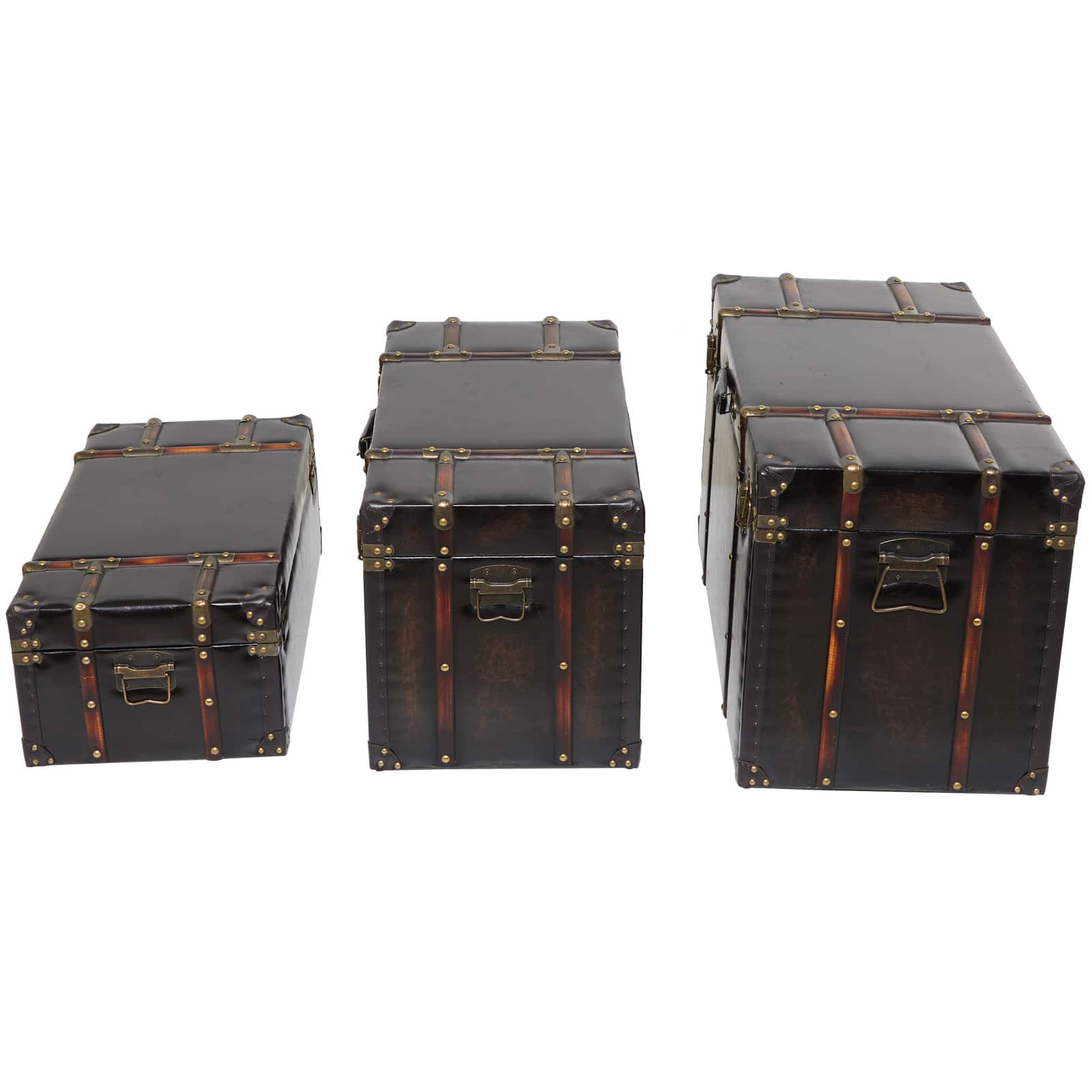 Dark Brown Faux Leather Studded Trunk with Latches & Handles Set