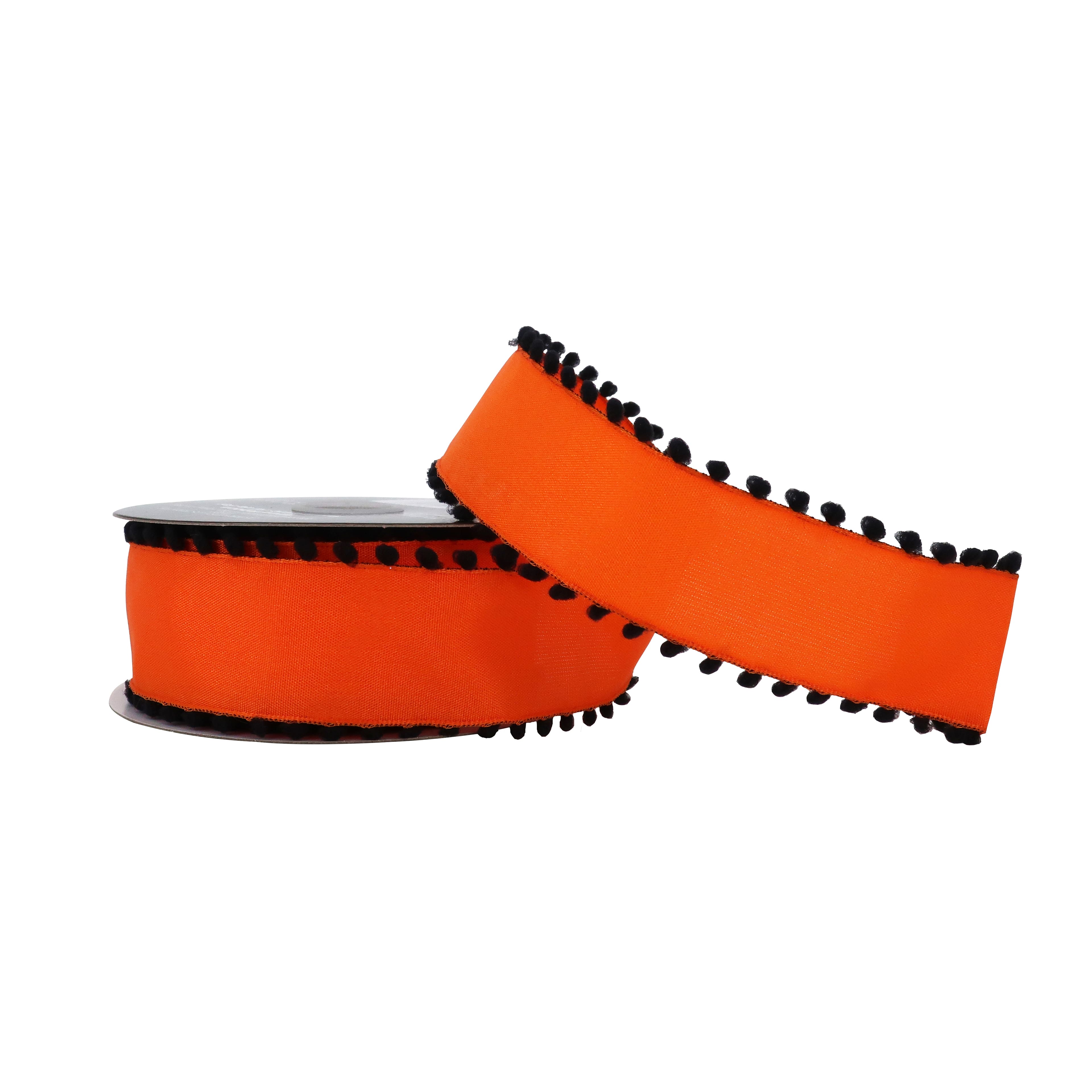 1.5&#x22; x 30ft. Orange with Black Pom Edges Wired Taffeta Ribbon by Celebrate It&#xAE; Halloween