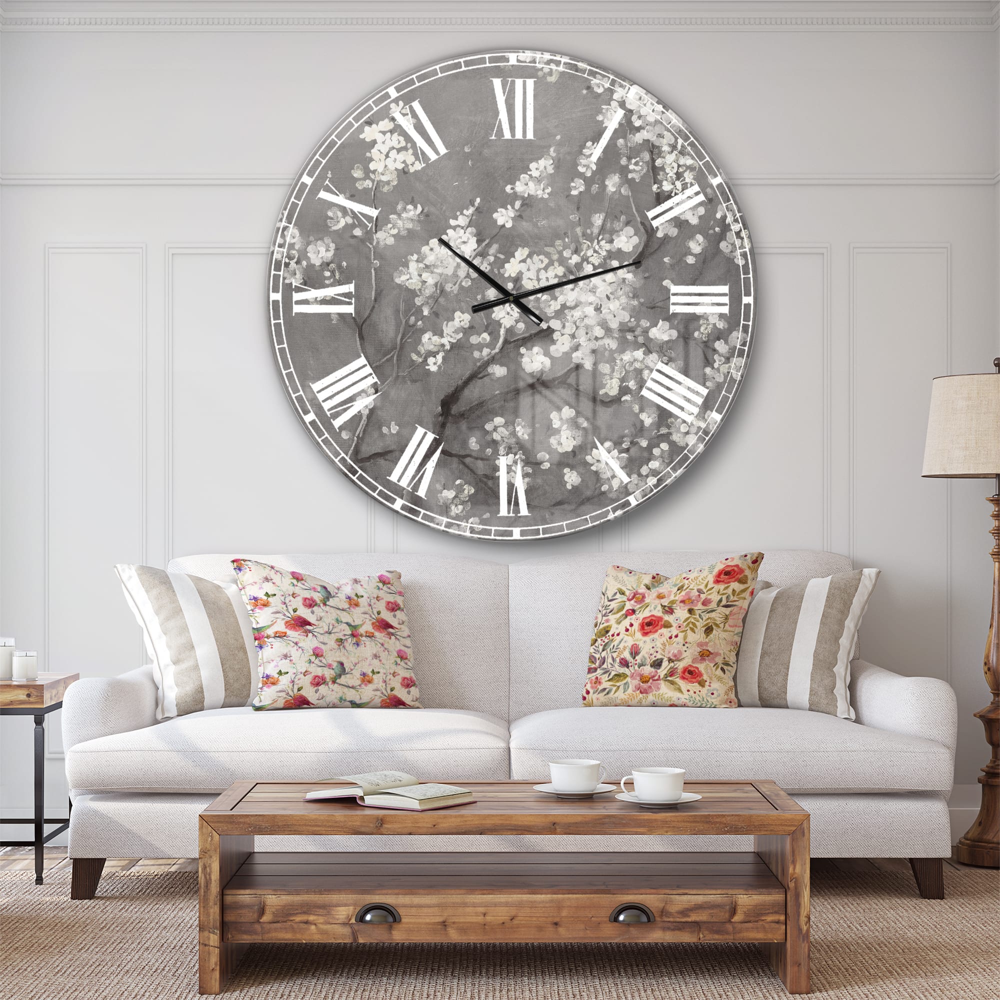 Designart &#x27;White Cherry Blossoms I Traditional Wall Clock