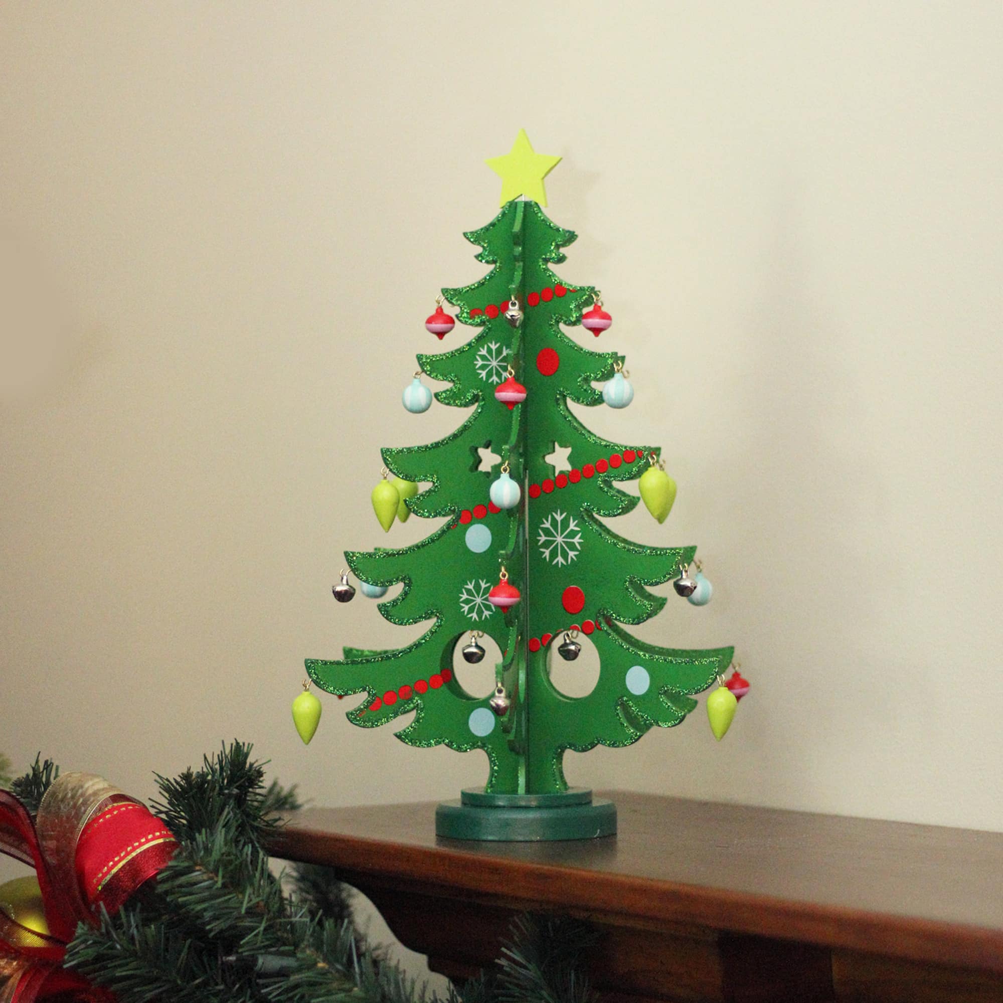 3-D Wooden Christmas Tree with Ornaments Decoration - 13.75" - Green