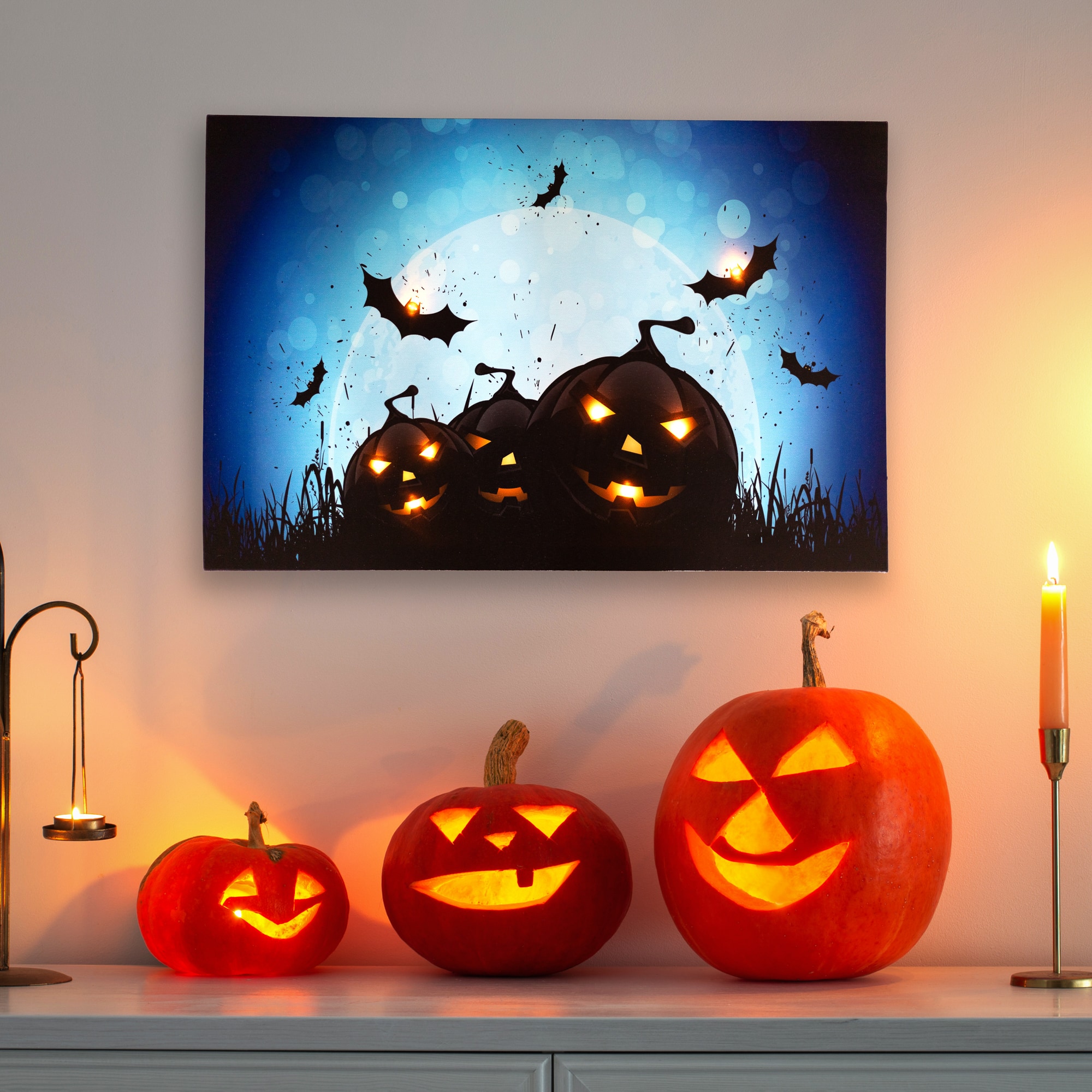 LED Lighted Jack-O-Lanterns & Bats Halloween Canvas Wall Art