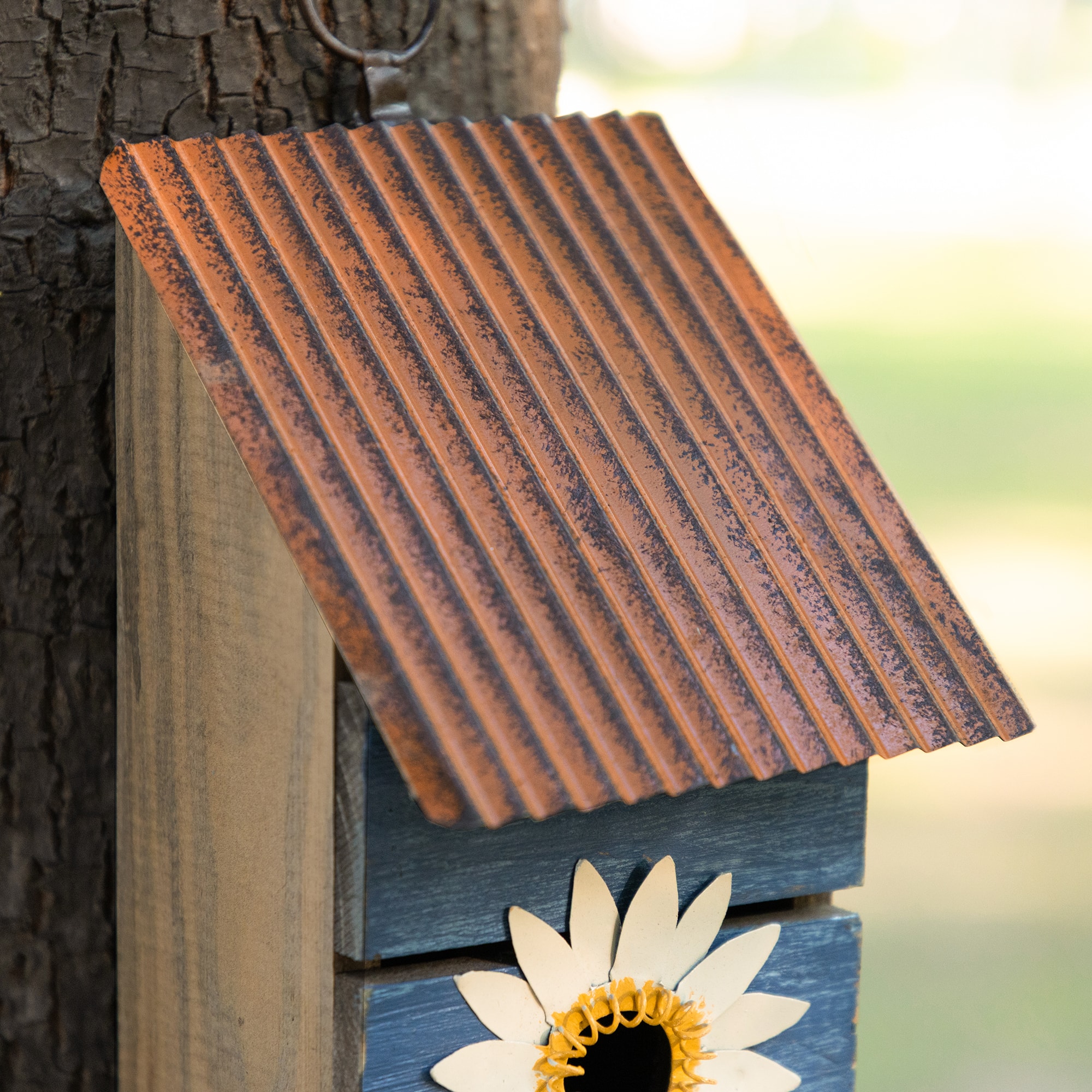 Glitzhome® 15" Washed Blue 2-Tiered Daisy Decorative Outdoor Garden Birdhouse