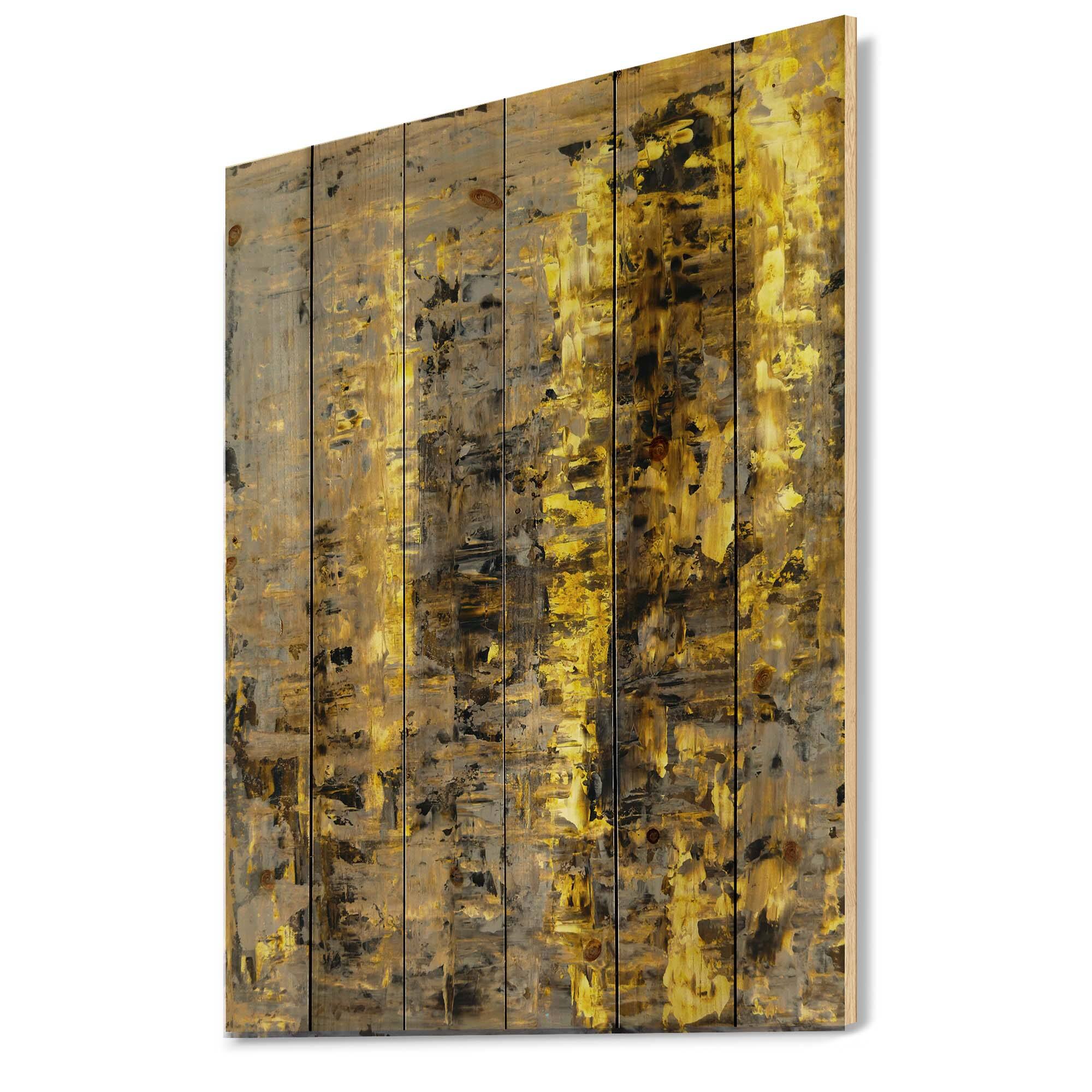 Designart - Yellow Meets Grey Abstract Art II - Modern Print on Natural Pine Wood