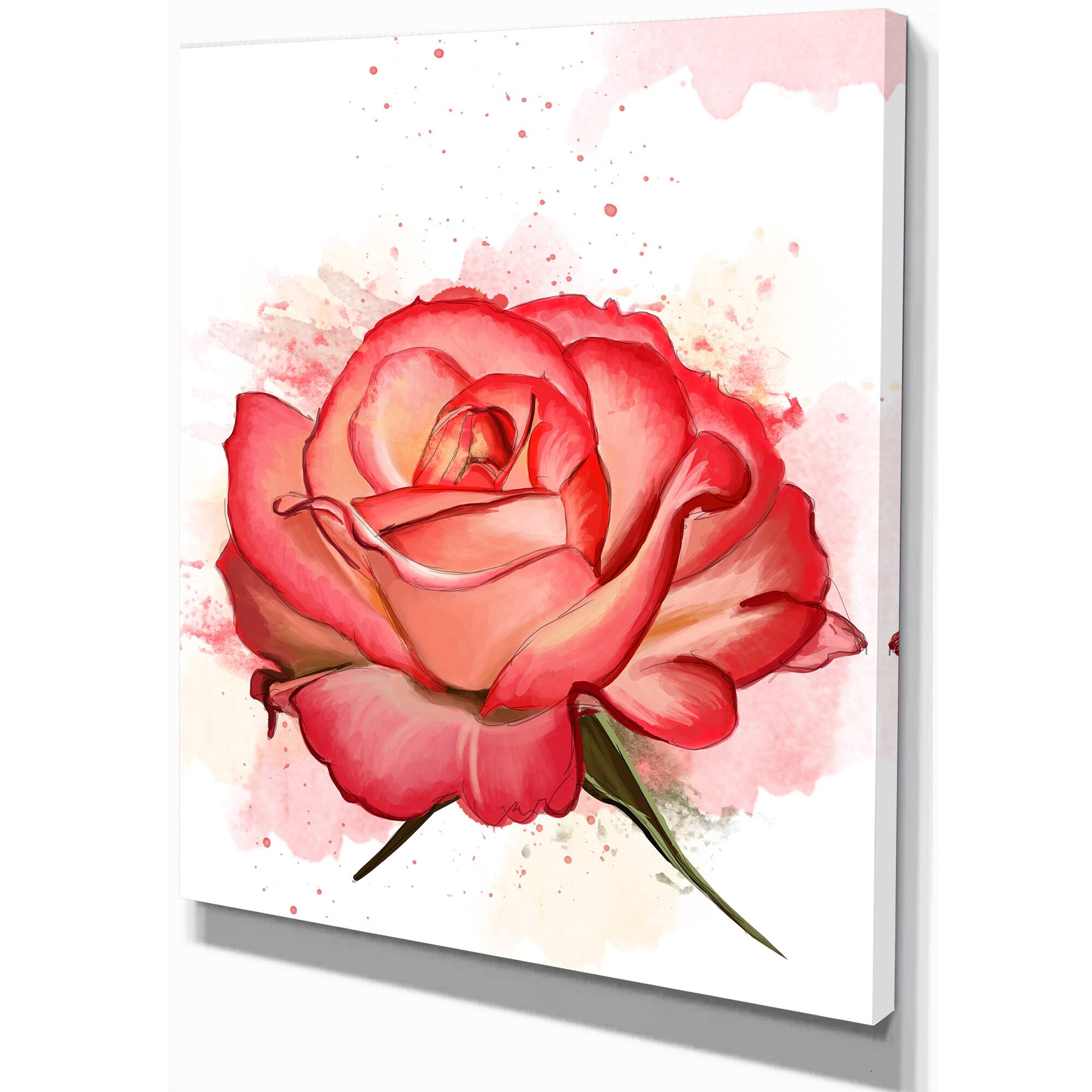 Designart - Red Rose with Splashes - Floral Canvas Art Print