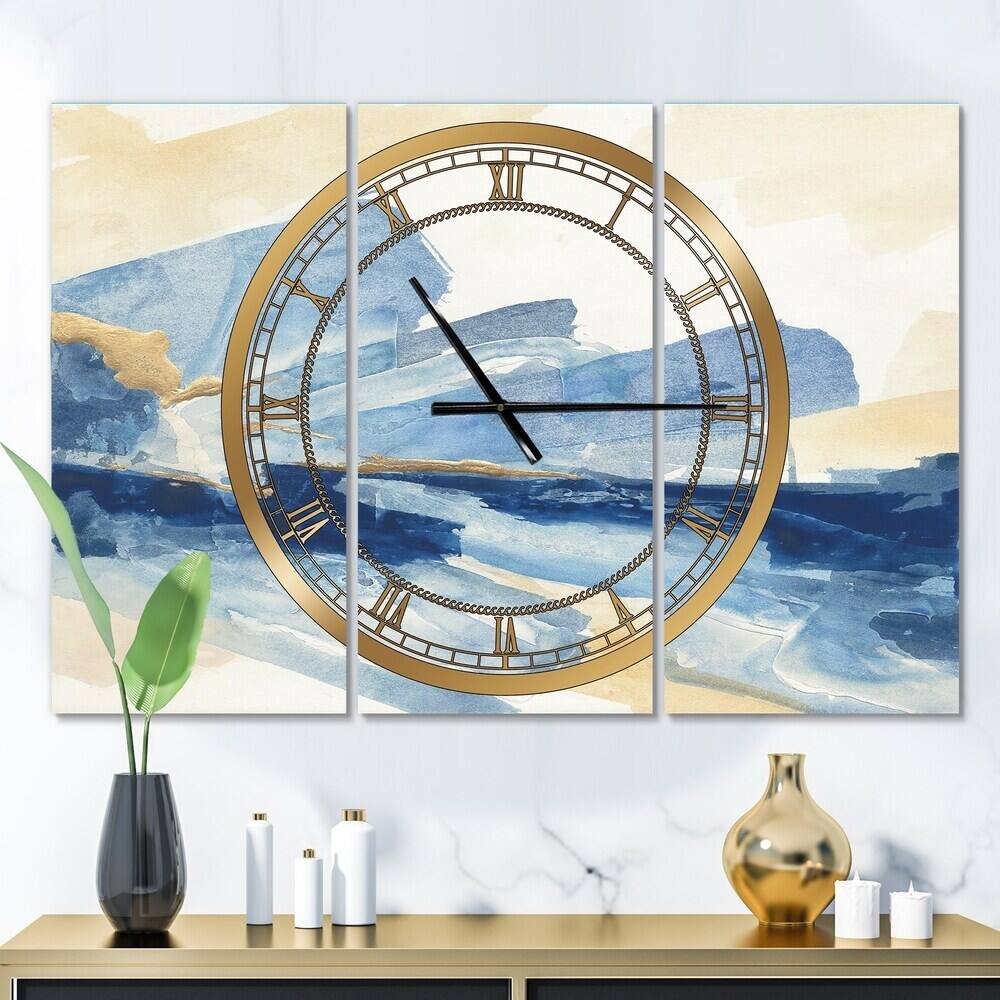 Designart Metallic Gold Indigo Modern 3 Panel Wall Clock