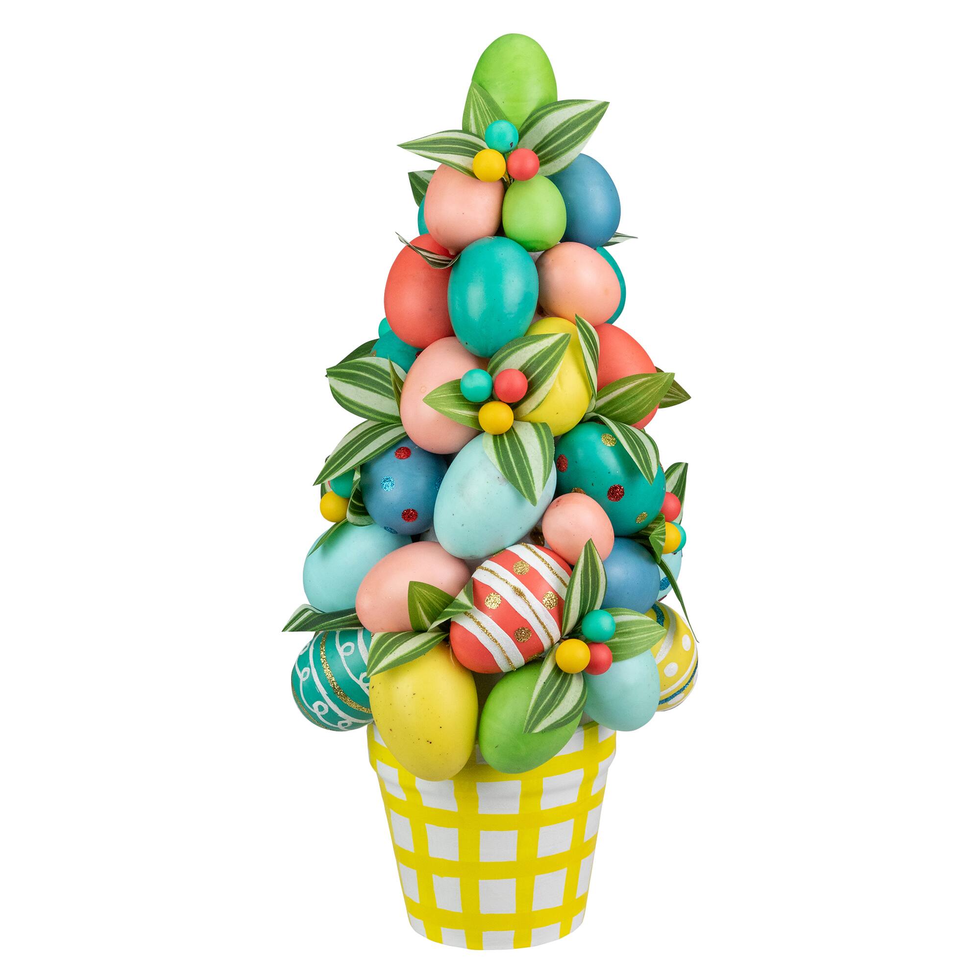 17" Colorful Easter Egg Tree in Yellow Gingham Pot