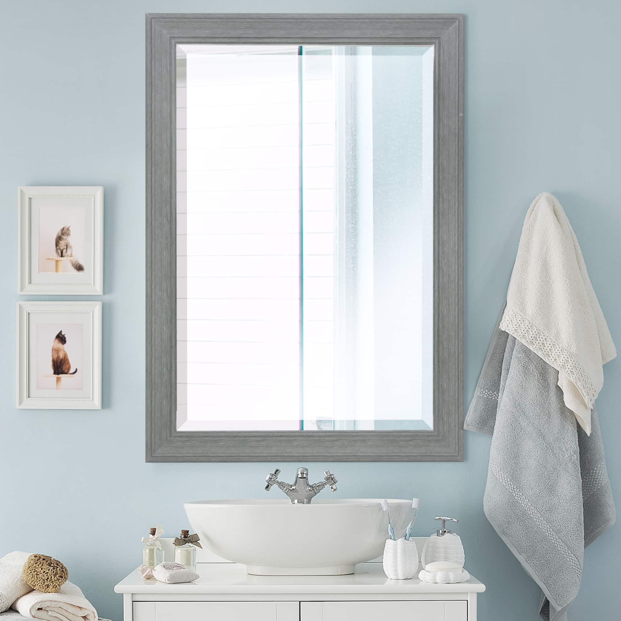 Head West Gray Wood Grain Texture Beveled Edge Bathroom Vanity Mirror