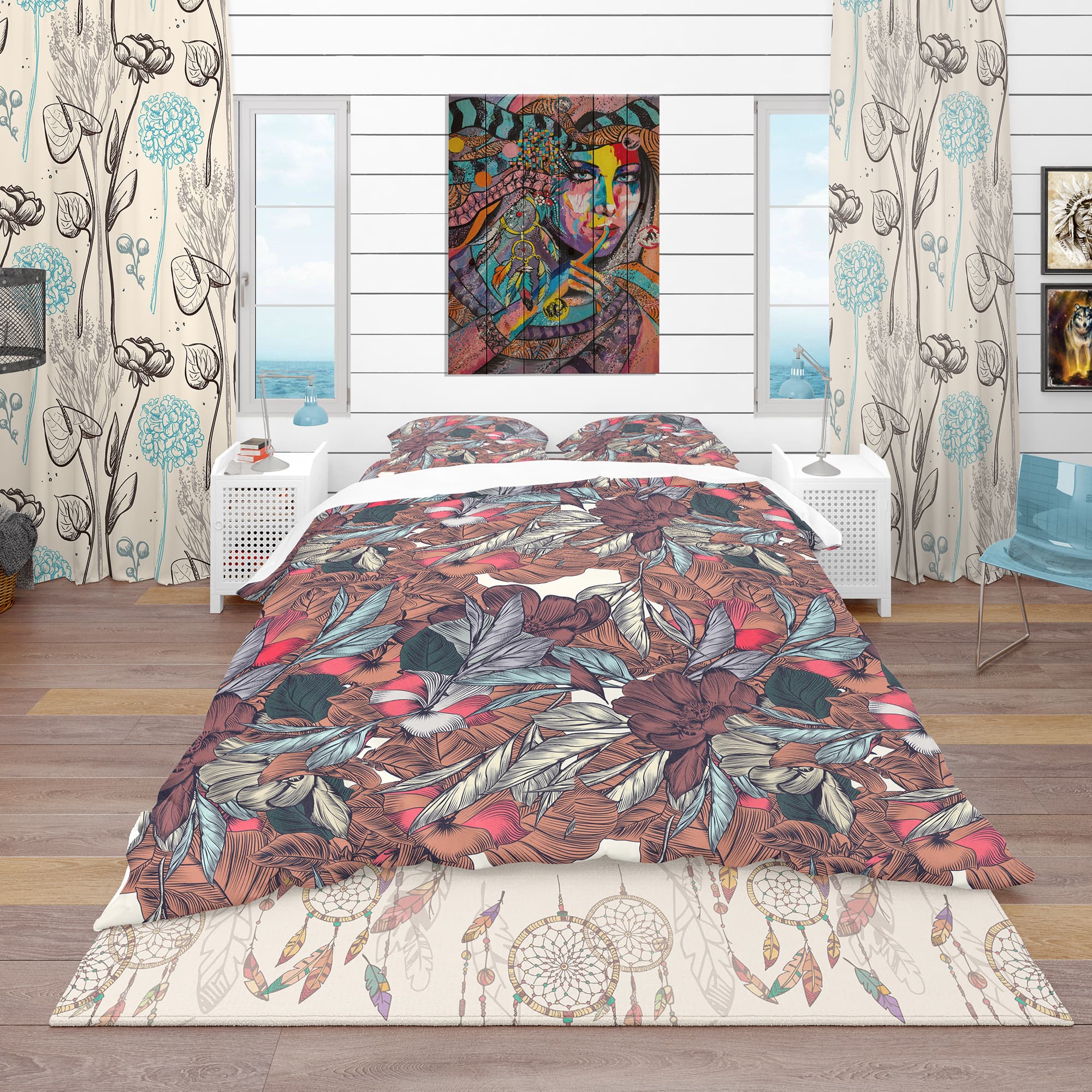 Designart &#x27;Floral Botanical Pattern with Engraved Flowers&#x27; Bohemian &#x26; Eclectic Bedding Set - Duvet Cover &#x26; Shams