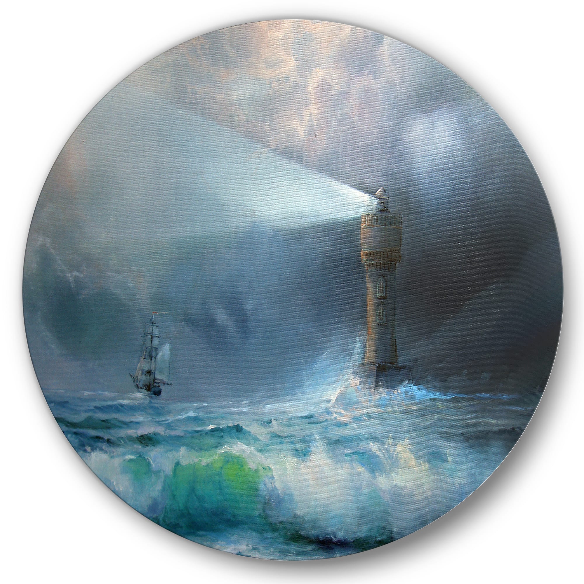 Designart - Lighthouse Shining Light During Stormy Night II - Nautical &#x26; Coastal Metal Circle Wall Art