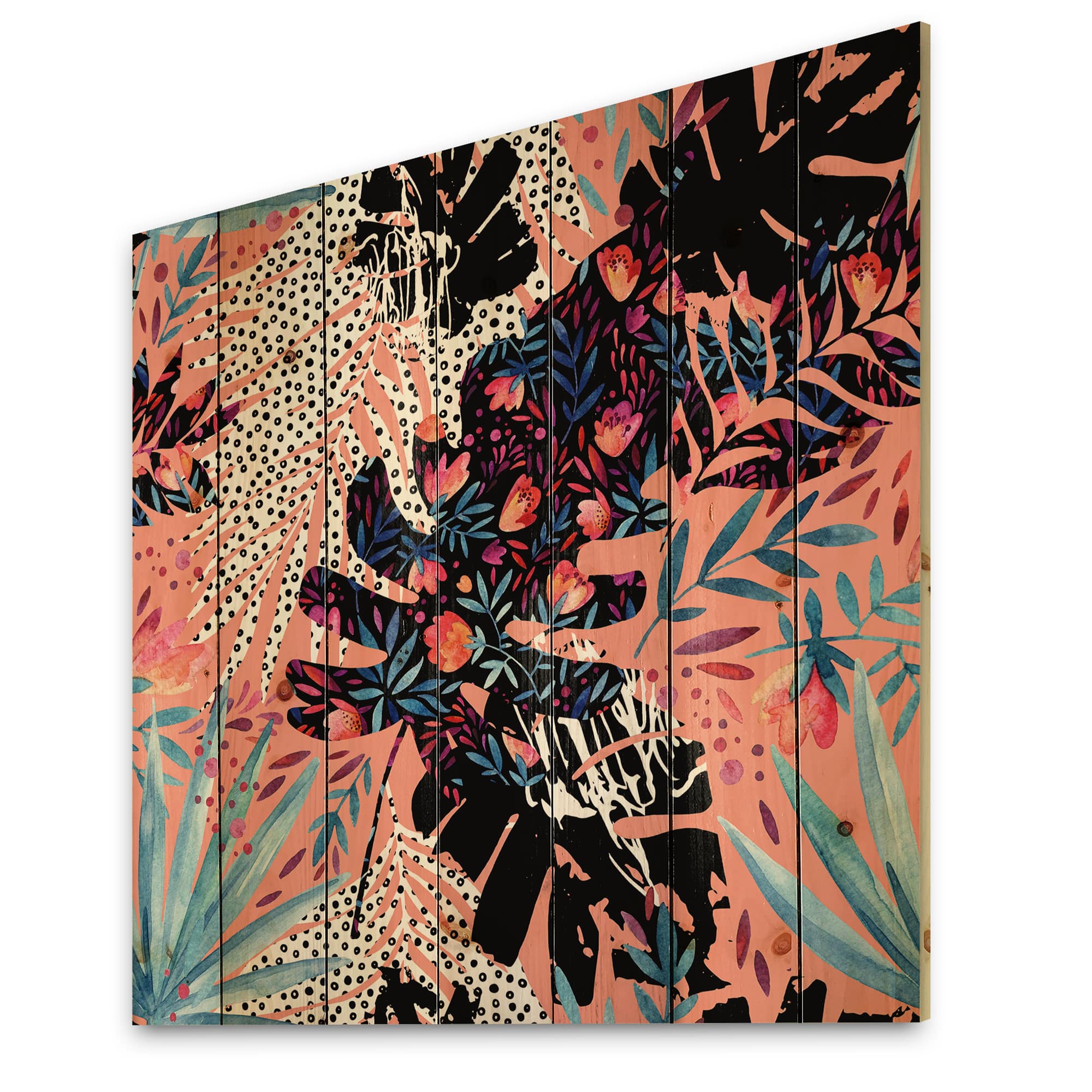 Designart - Tropical Floral Patchwork II - Tropical Print on Natural Pine Wood