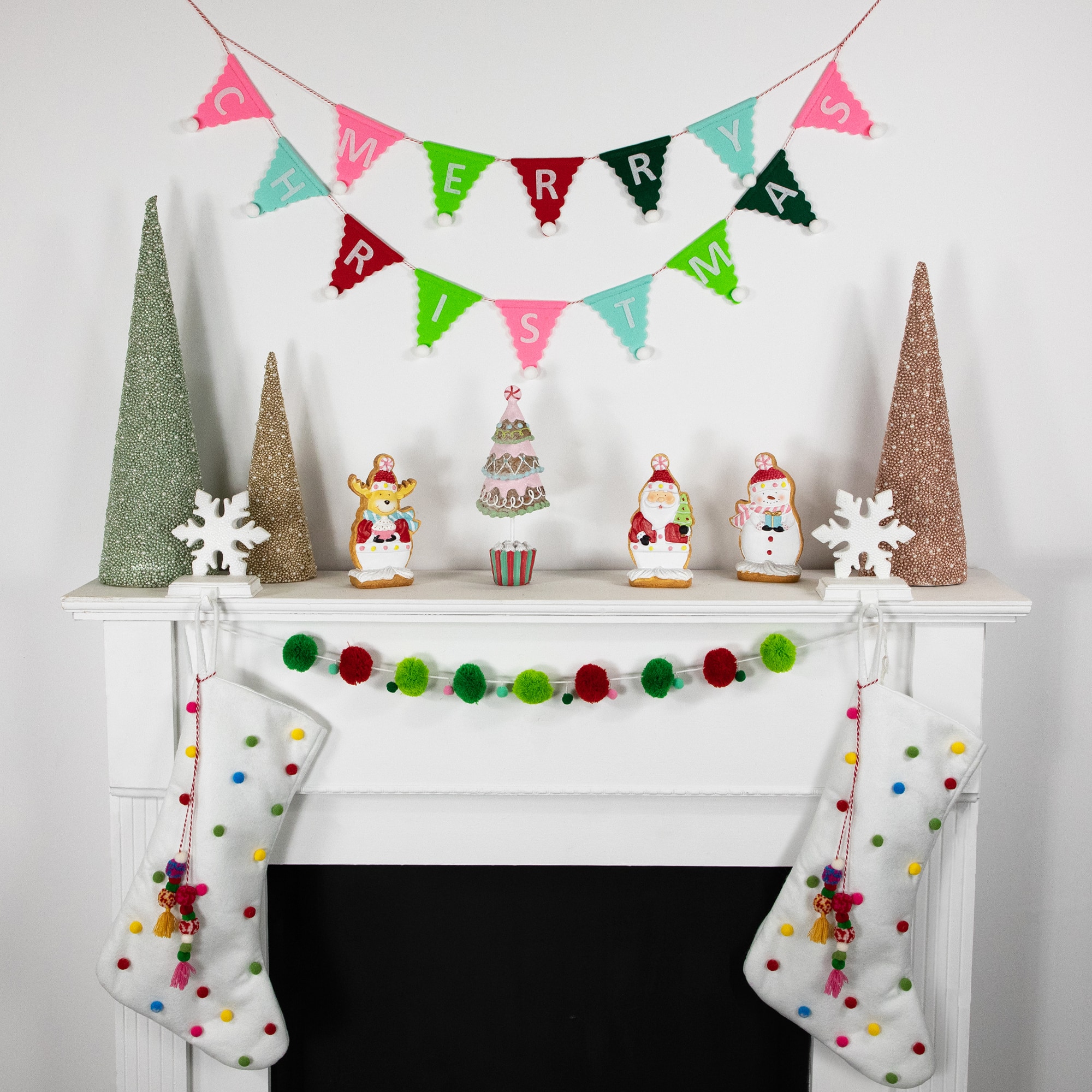 20&#x22; White Christmas Stocking with Multicolor Pom-Poms and Tassels