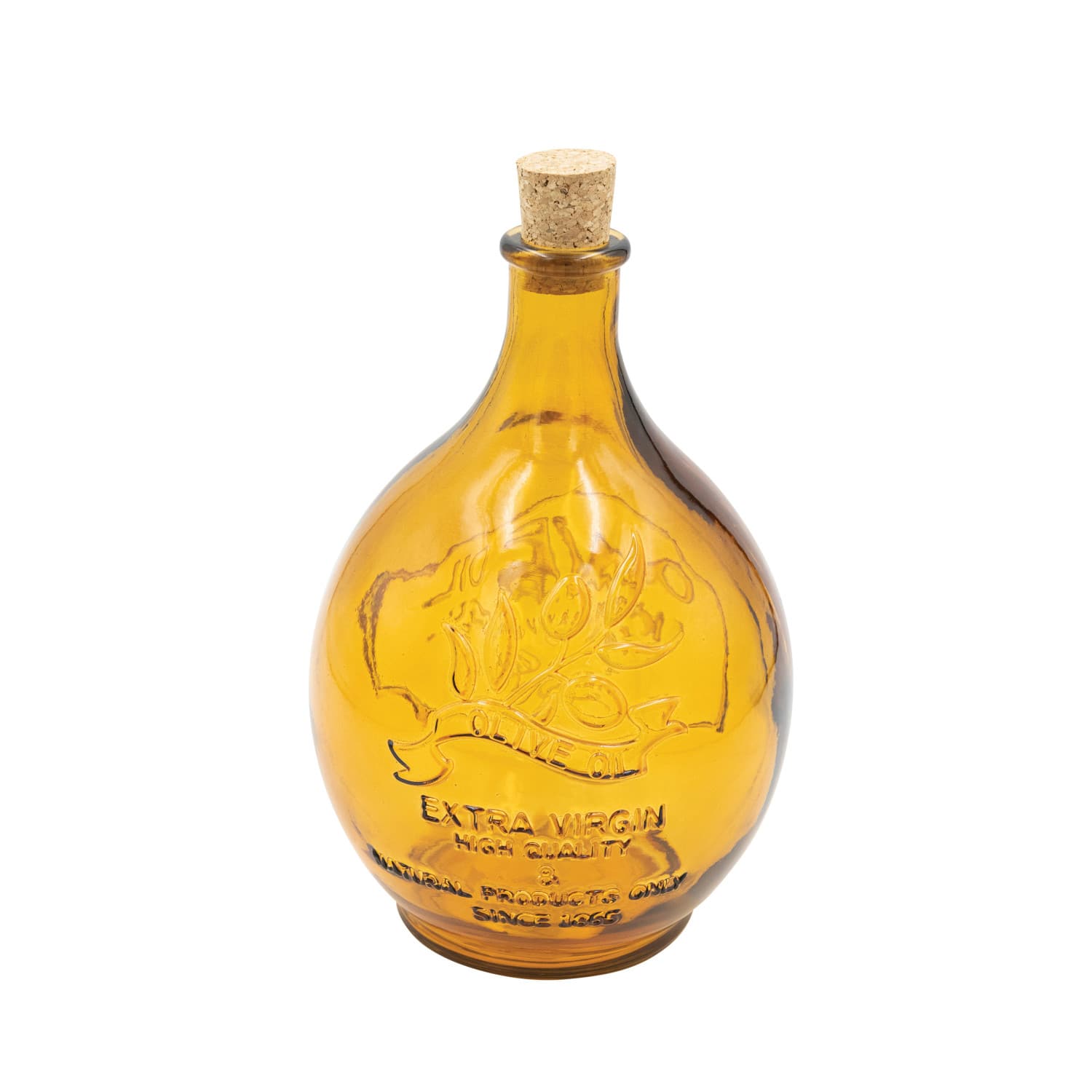 Hello Honey® 7" Amber Olive Oil Embossed Reclaimed Glass Bottle with Cork