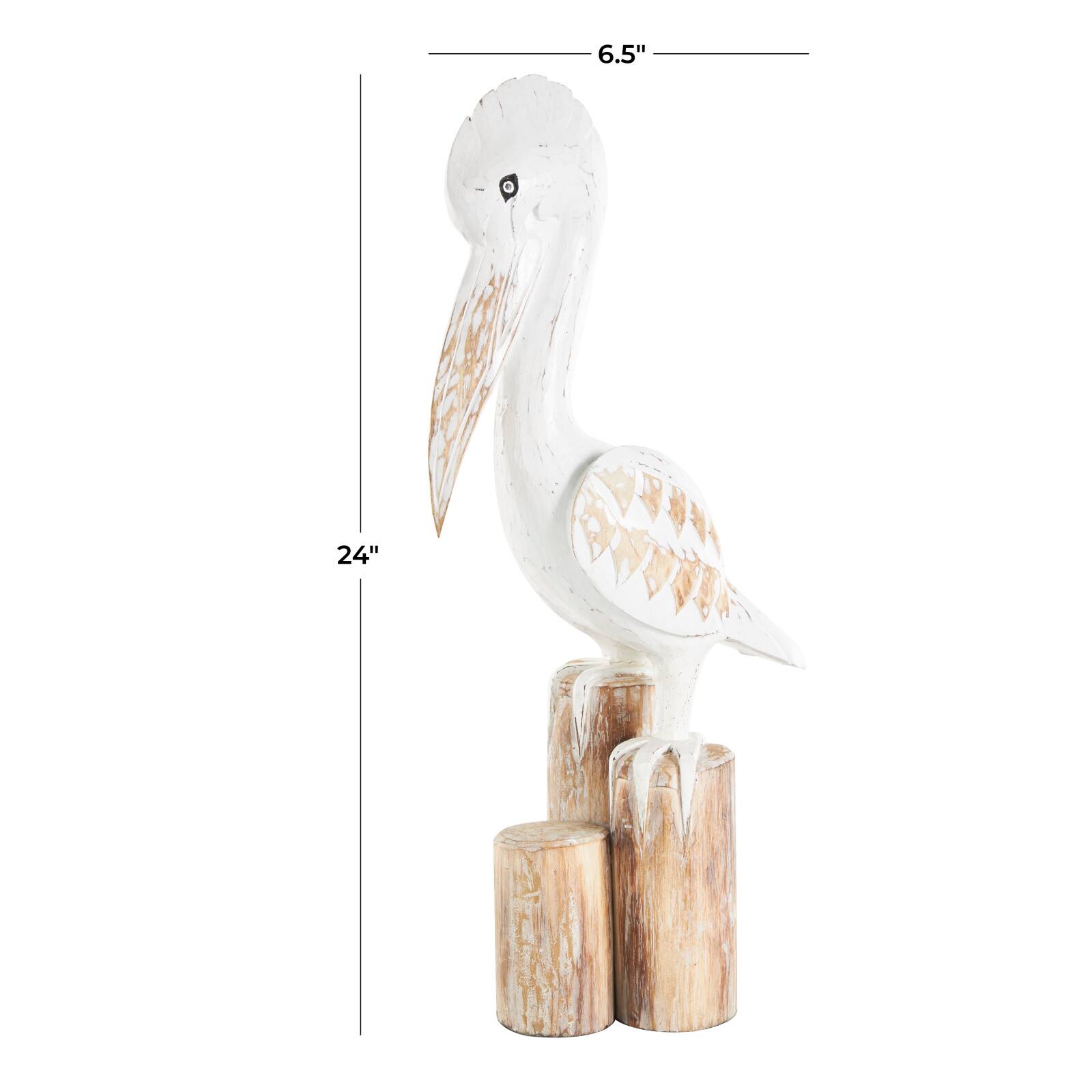 24" White Wood Pelican Handmade Distressed Sculpture with 3 Brown Posts