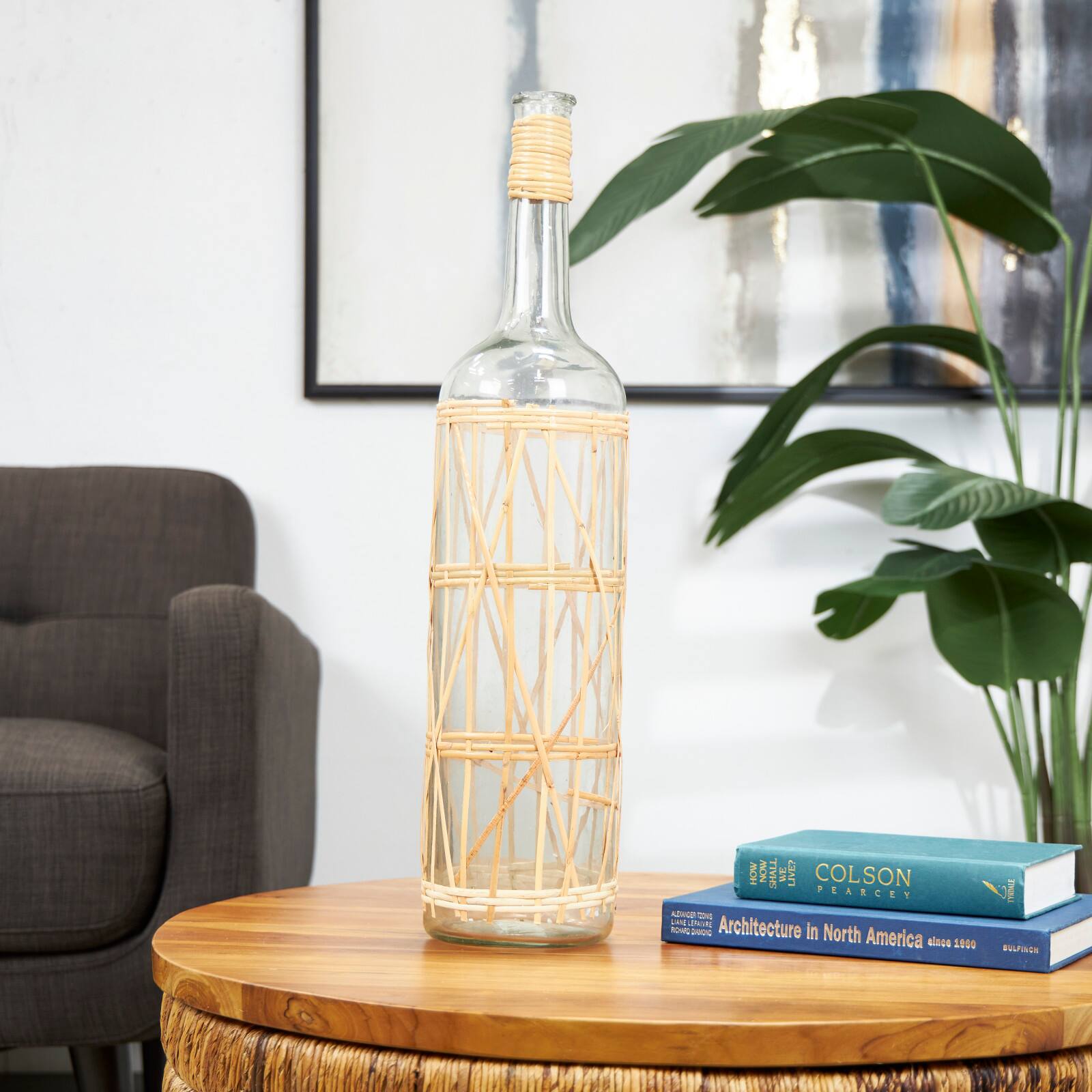 27" Clear Glass Handmade Tall Vase with Light Brown Rattan Woven Body & Neck