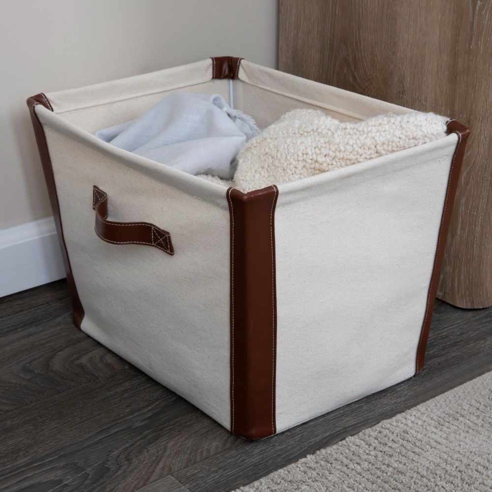 Household Essentials 16&#x22; Canvas Bin with Vegan Leather Trim