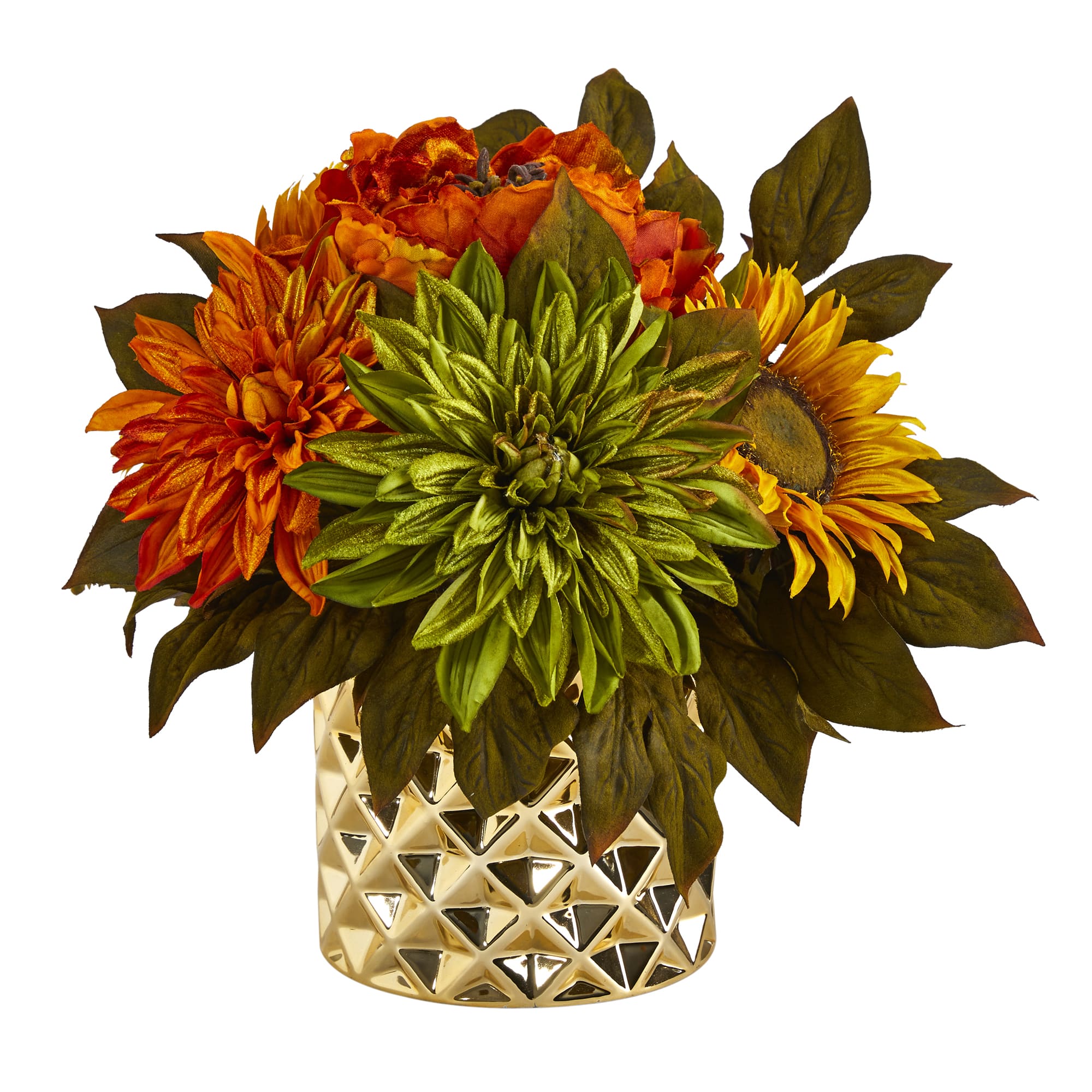 11&#x22; Peony, Dahlia &#x26; Sunflower Arrangement in Gold Vase