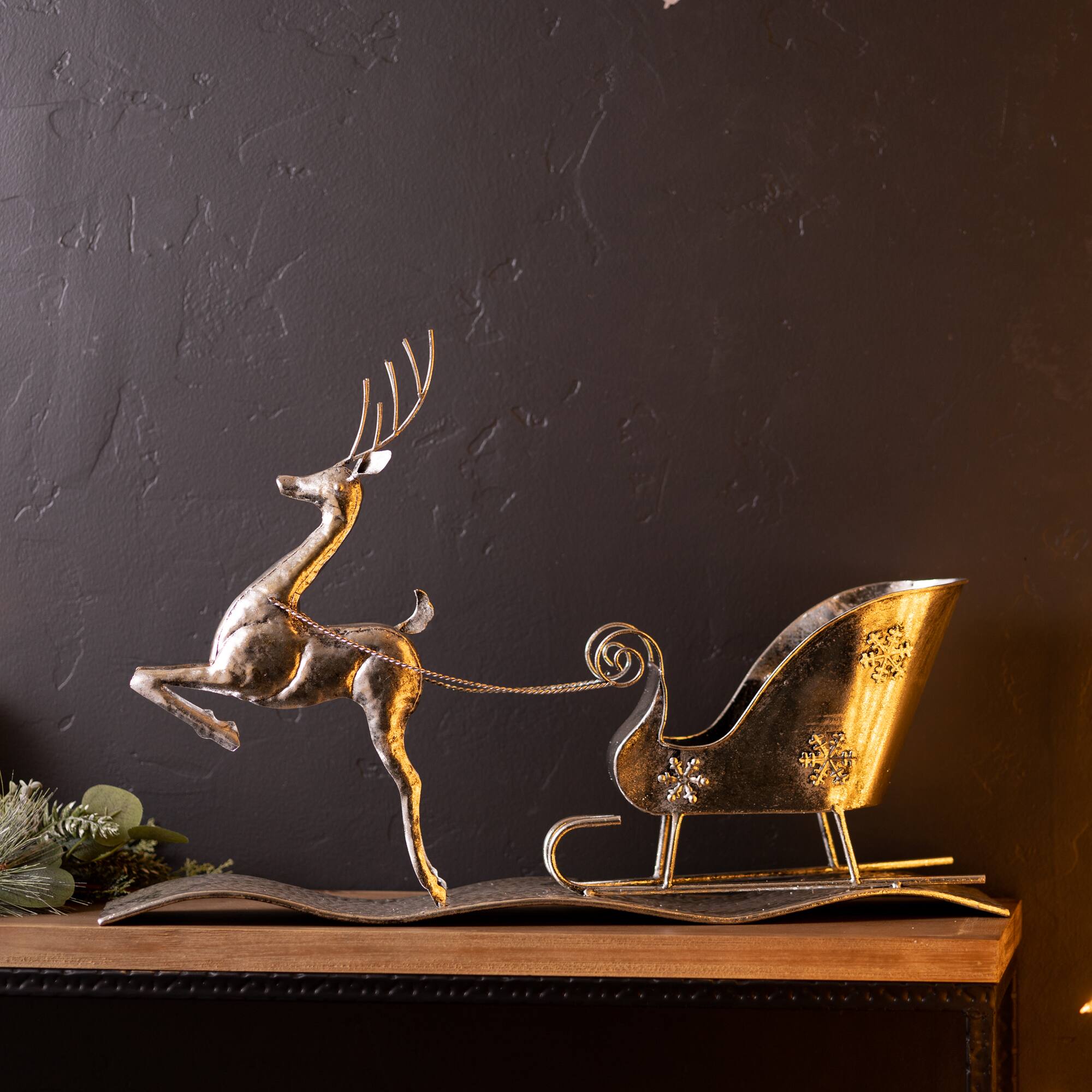 2ft. Hammered Metal Reindeer with Sleigh