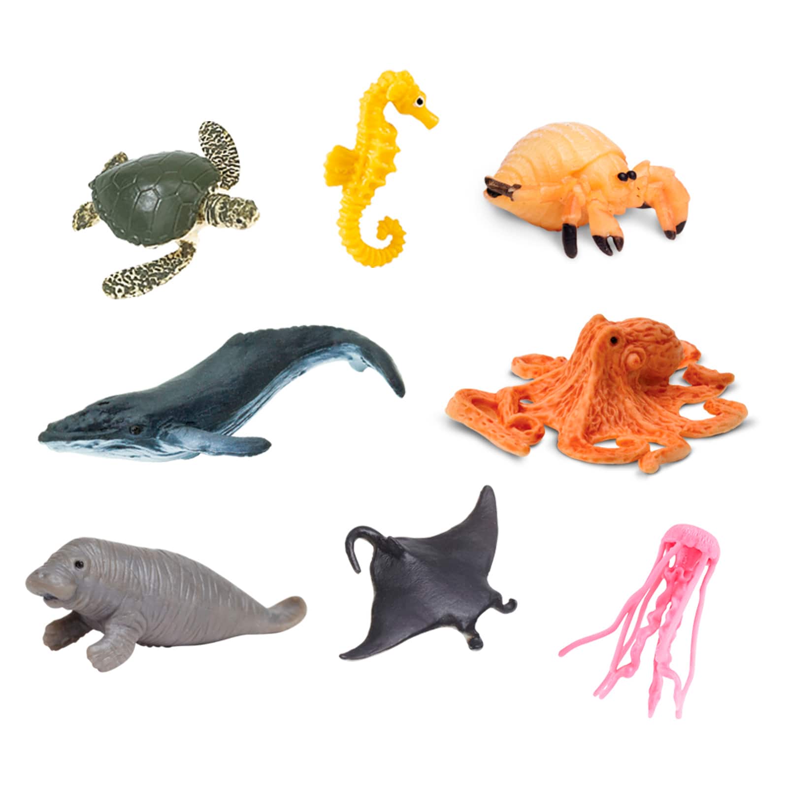 Set of 8 MINIATURE SEA ANIMALS/ Manatee,whale,seahorse,turtle,octopus,ray,crab 