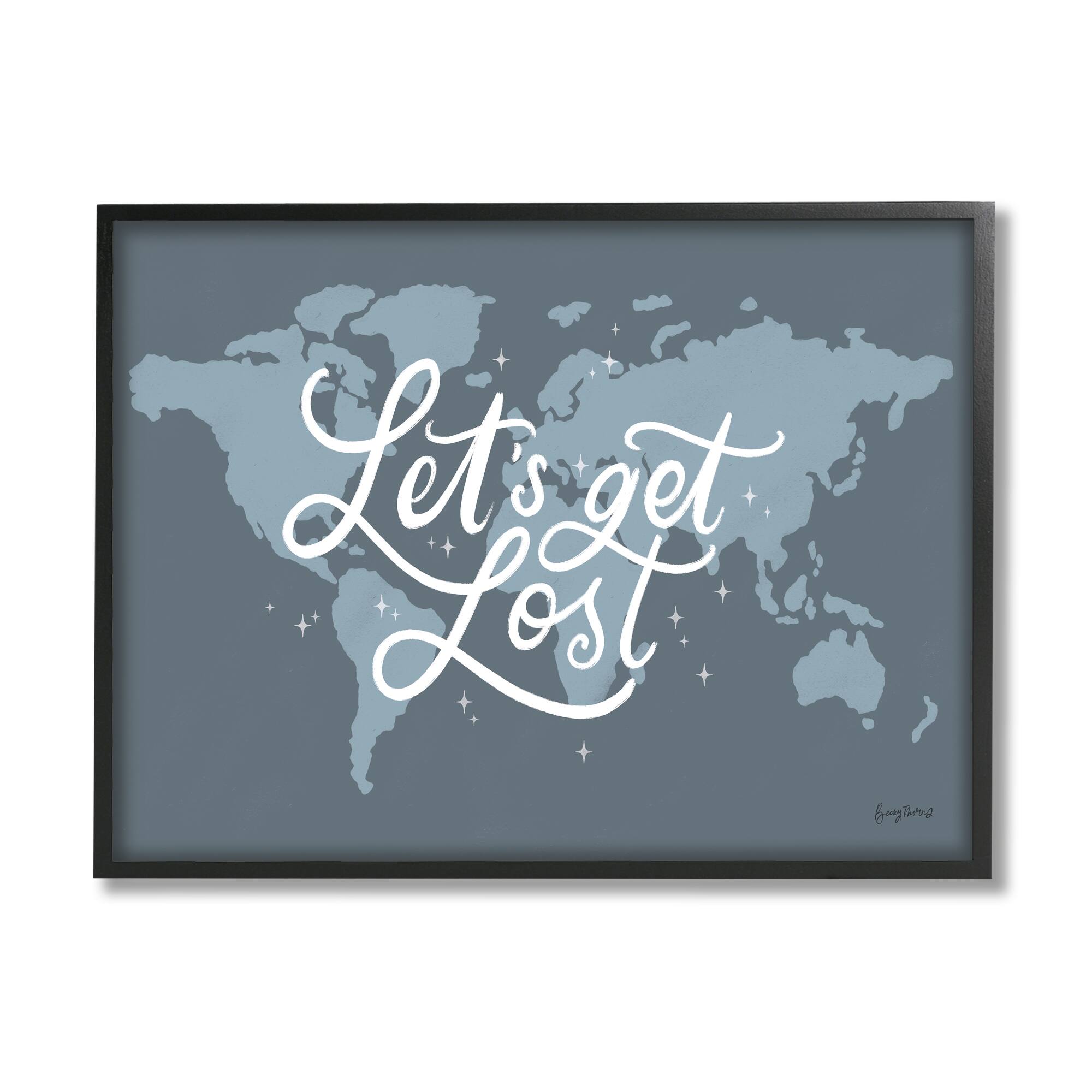 Stupell Industries Let's Get Lost Adventure Phrase Blue World Map Framed Wall Art