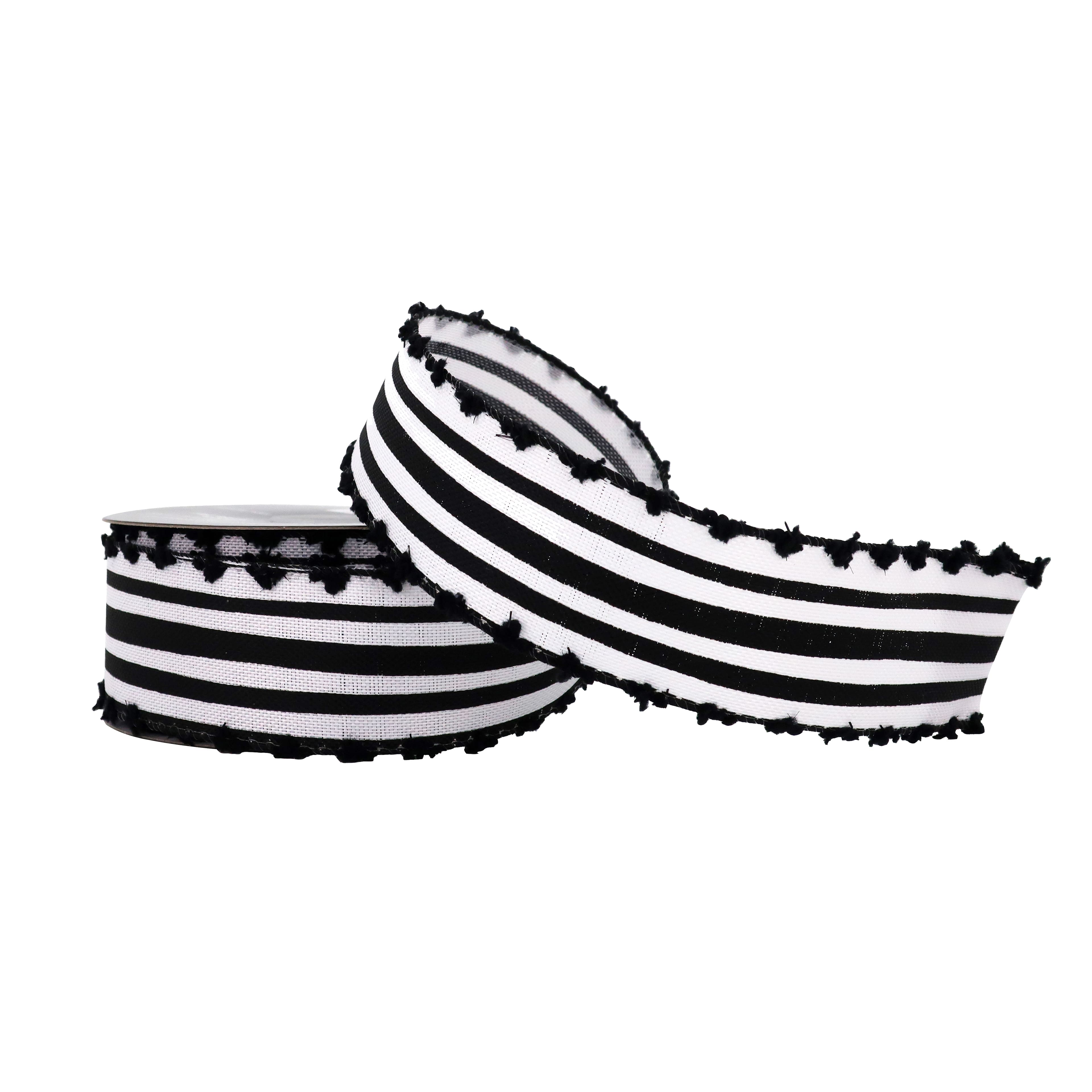 1.5&#x22; x 30ft. Black &#x26; White Stripes with Pom Edges Wired Faux Linen Ribbon by Celebrate It&#xAE; Halloween