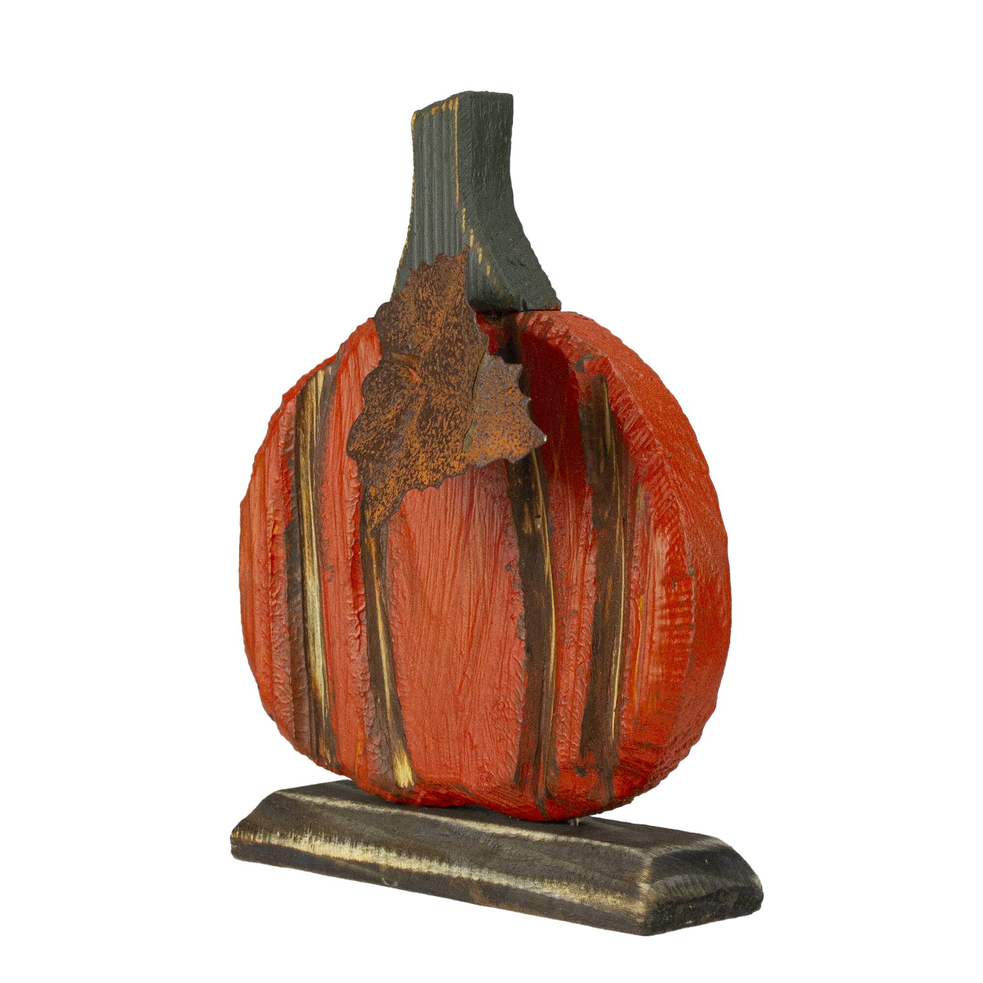 6.5&#x22; Orange Carved Wood Autumn Harvest Pumpkin Decoration
