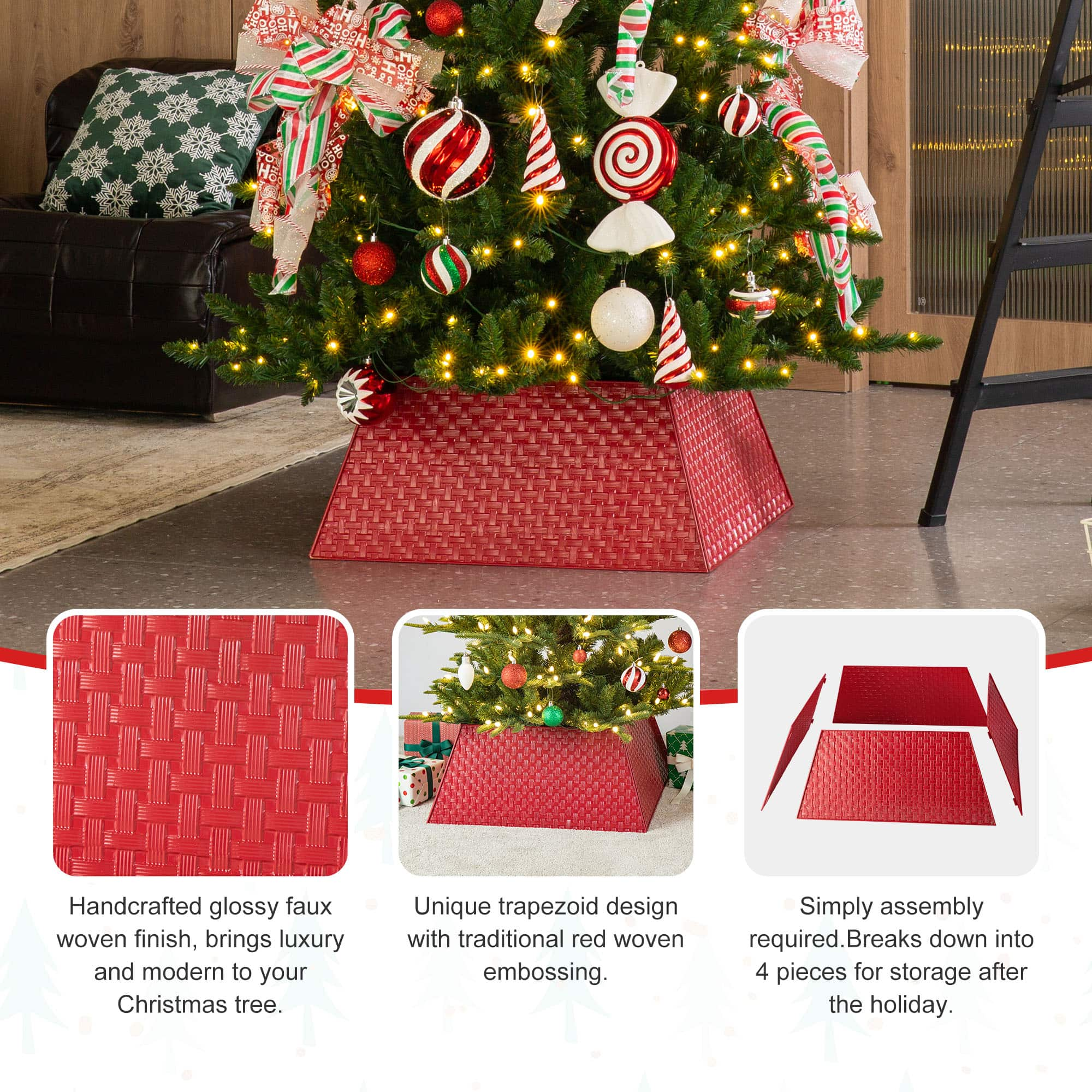 Glitzhome&#xAE; 25.75&#x22; Red Trapezoid Metal Weave Tree Collar