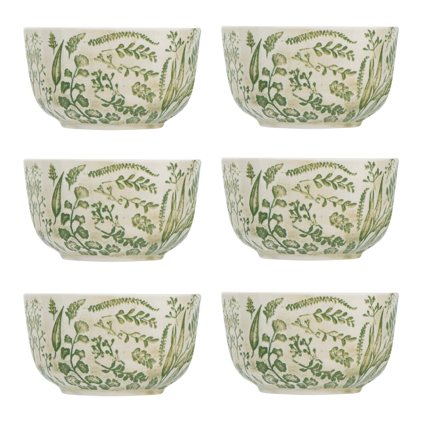 White Hand Stamped &#x26; Embossed Green Pattern Stoneware Bowl Set