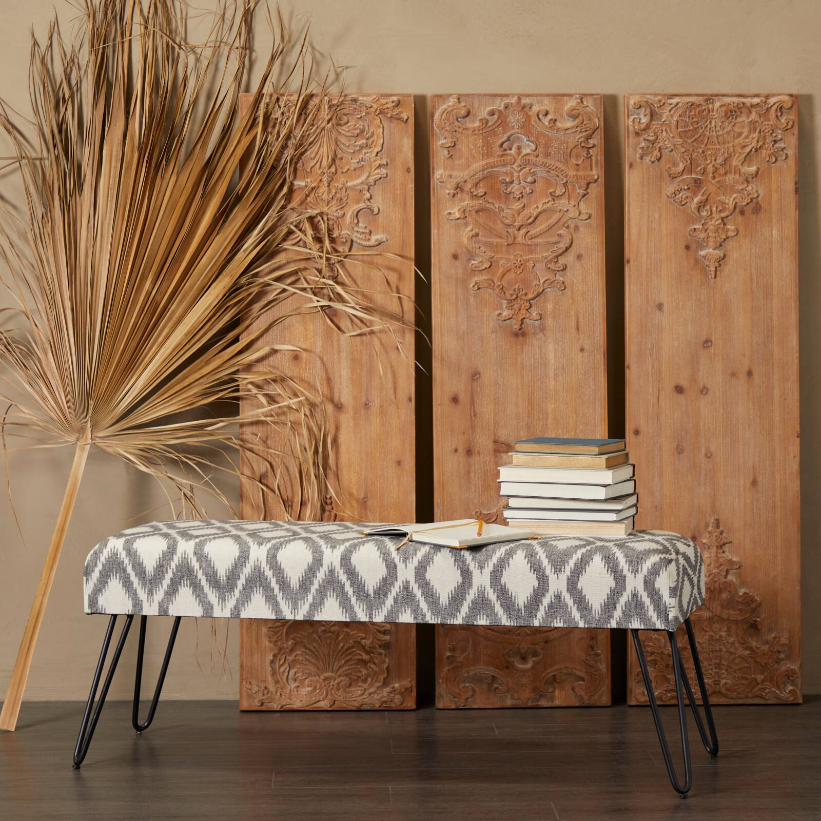 47" Gray Metal Diamond Bench with Metal Hairpin Legs