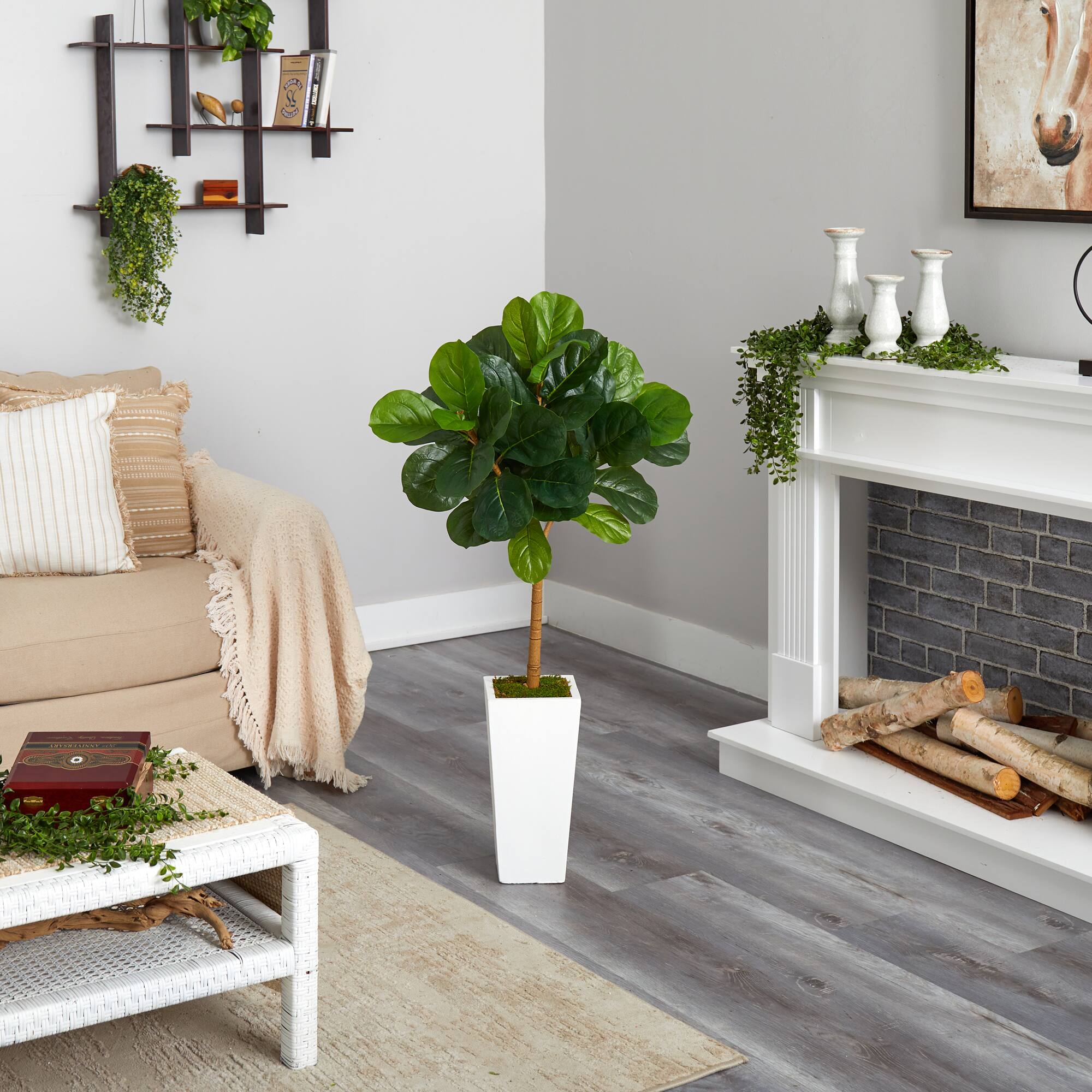 4ft. Fiddle Leaf Artificial Tree in White Tower Planter