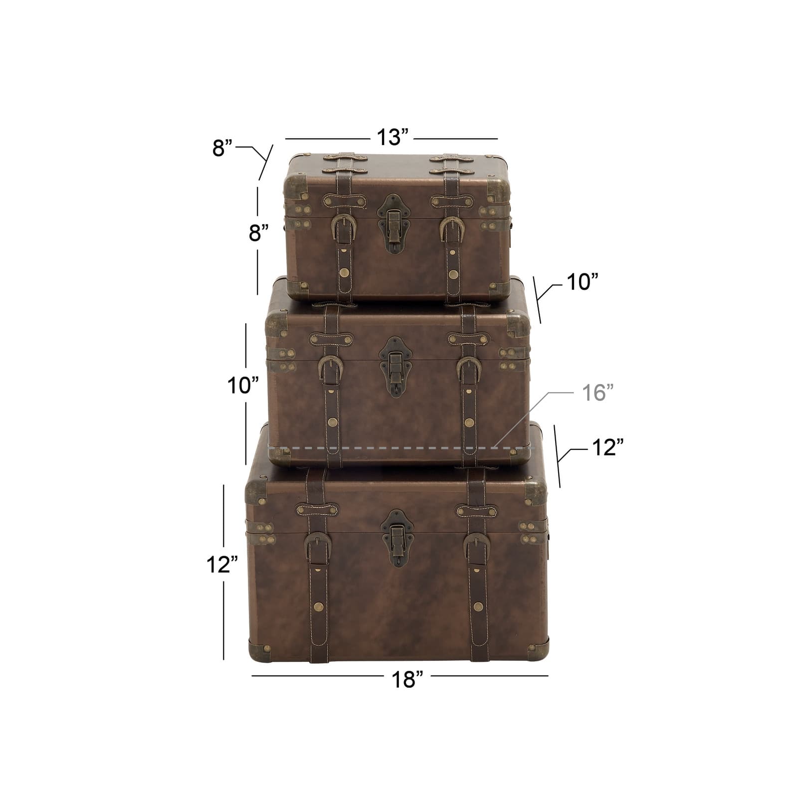 Set of 3" Brown Leather Traditional Trunk, 18", 16", 13"