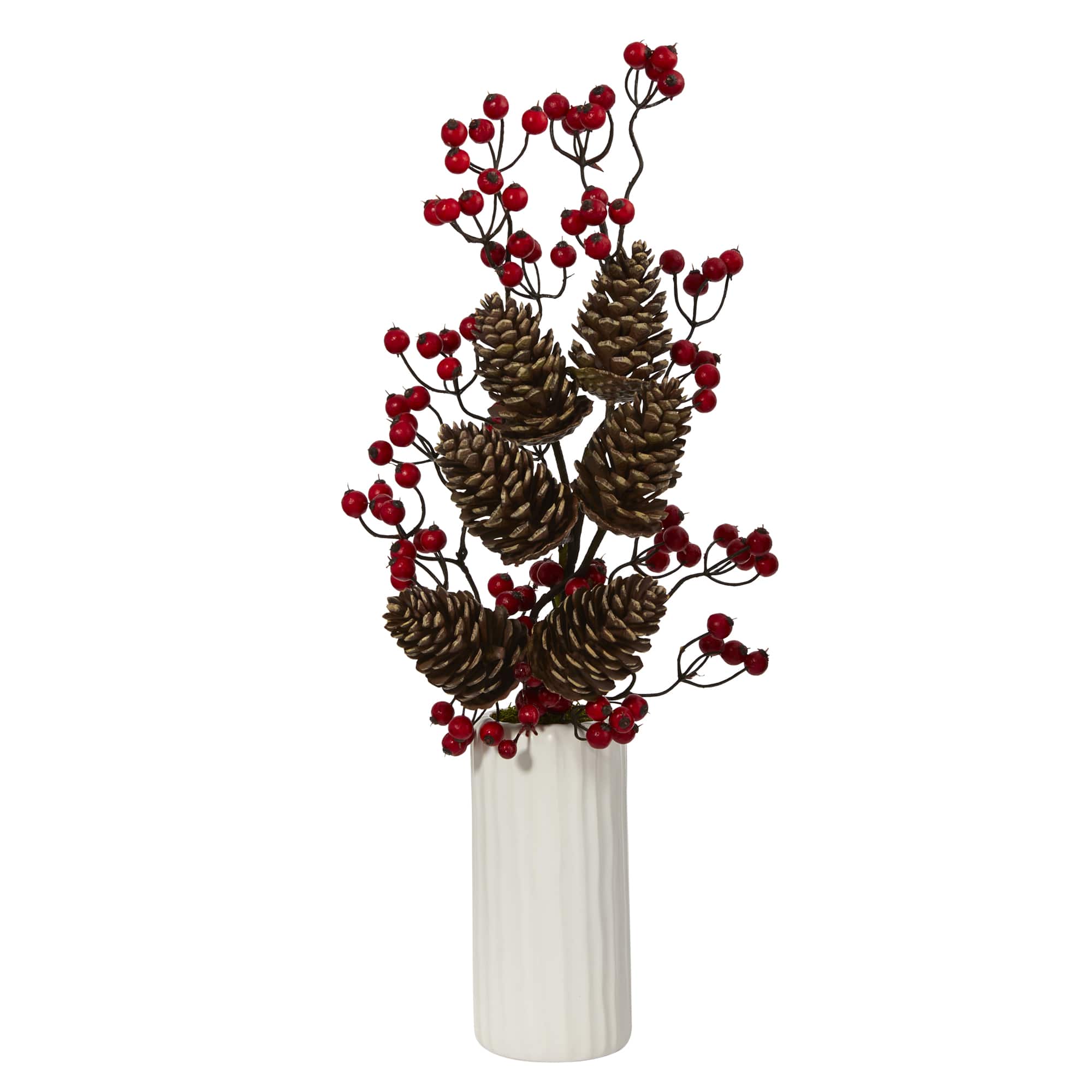 23" Pinecone & Berries Arrangement in White Vase