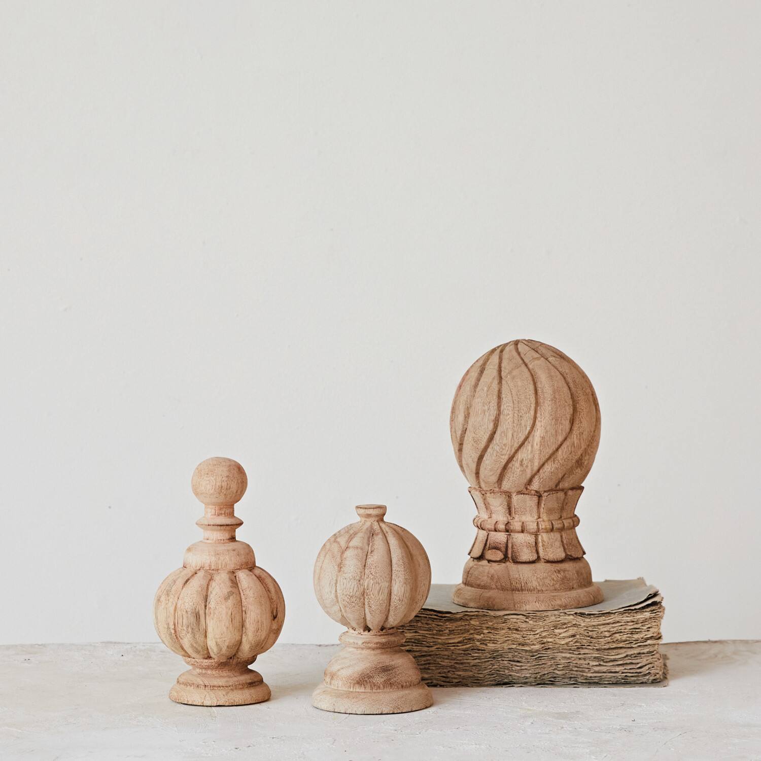 Hello Honey&#xAE; Bleached Natural Hand-Carved Mango Wood Finial Set