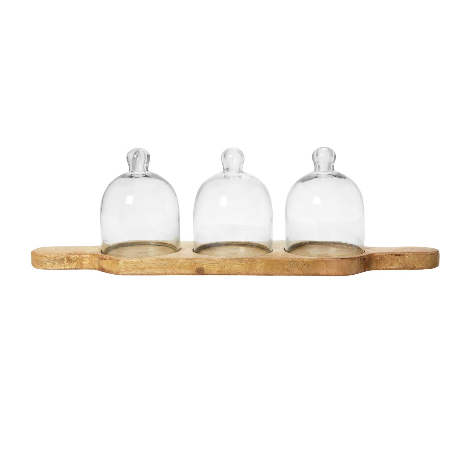 Hello Honey&#xAE; Mango Wood Serving Tray with 3 Glass Cloches Set