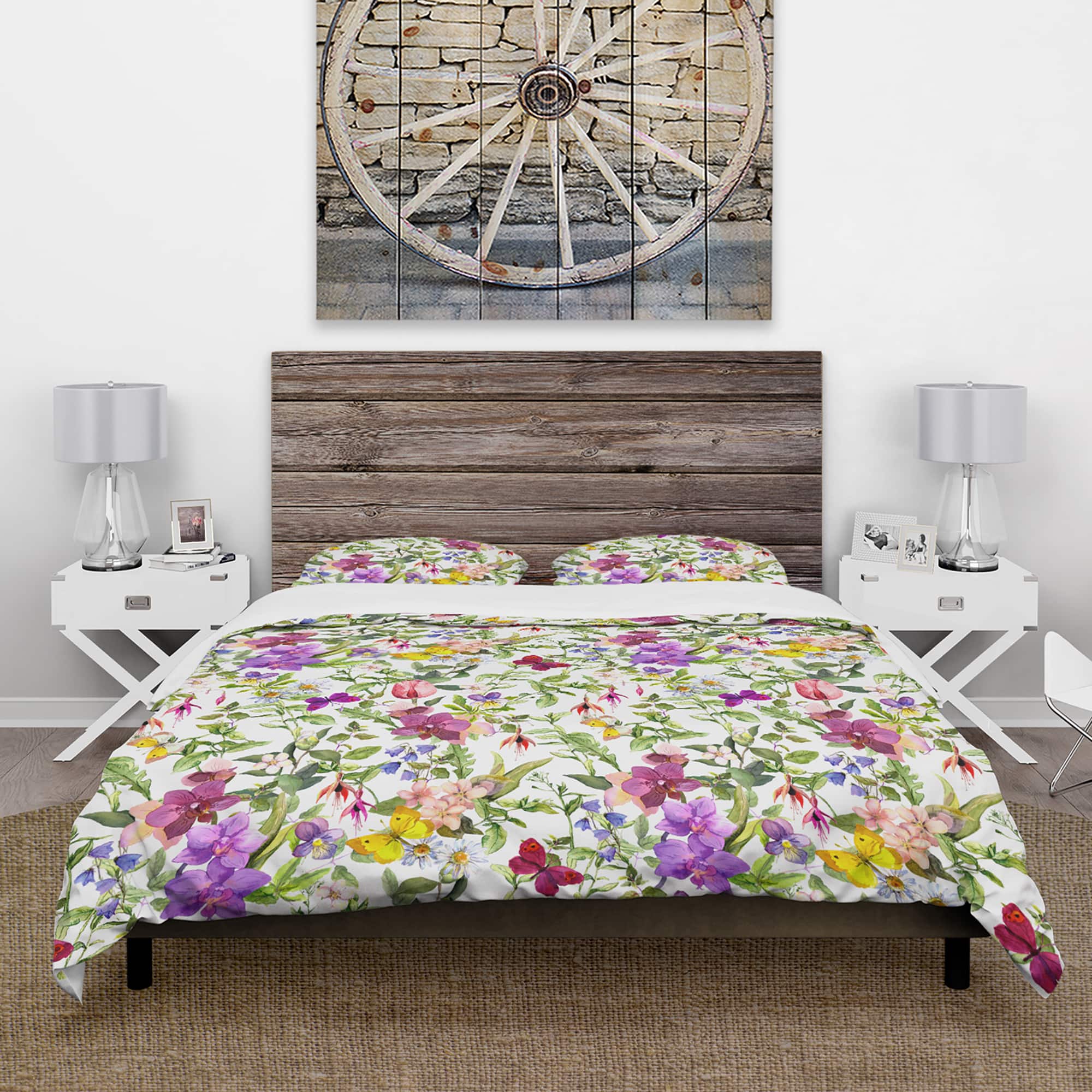Designart &#x27;Purple Blossoming Orchids and Yellow Butterflies&#x27; Floral Bedding Set - Duvet Cover &#x26; Shams