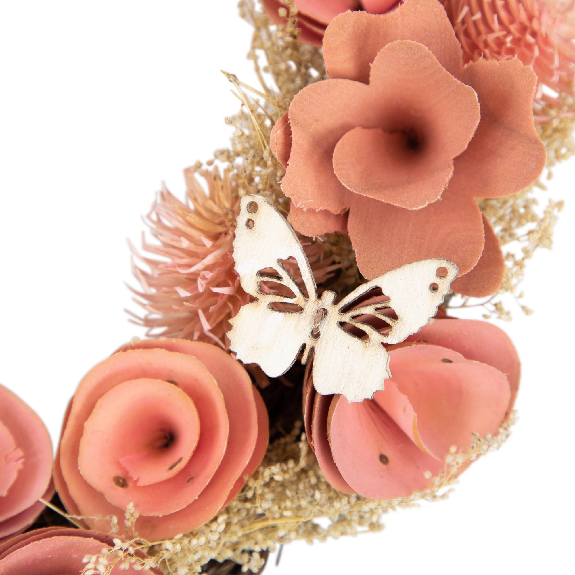 10" Pink Wooden Rose Heart Spring Wreath with Butterflies