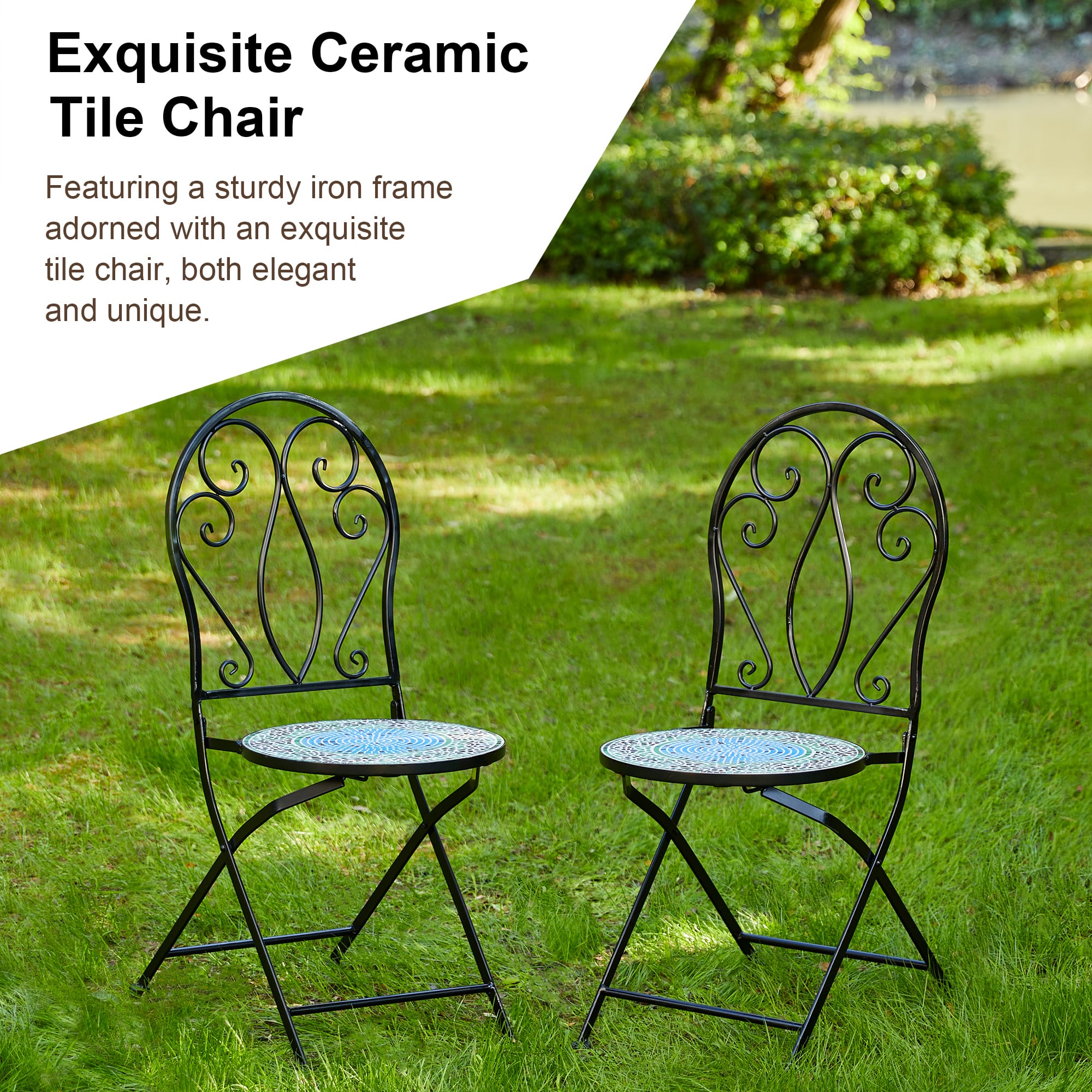 Glitzhome&#xAE; 36.5&#x22; Green Outdoor Metal Folding Bistro Chairs with Ceramic Tiles Seat, 2ct.
