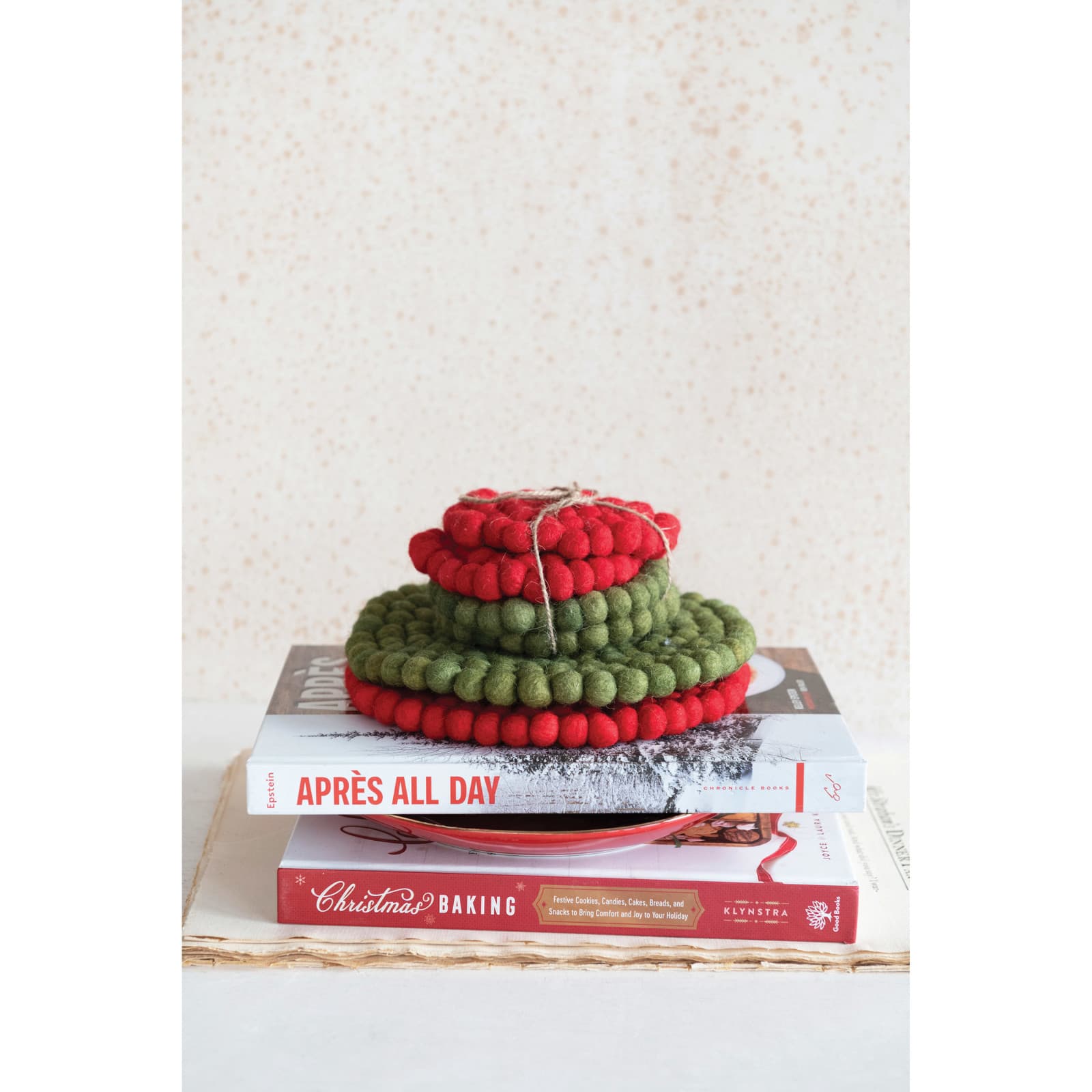 Hello Honey&#xAE; 4&#x22; Red &#x26; Green Handmade Wool Felt Ball Coaster Set