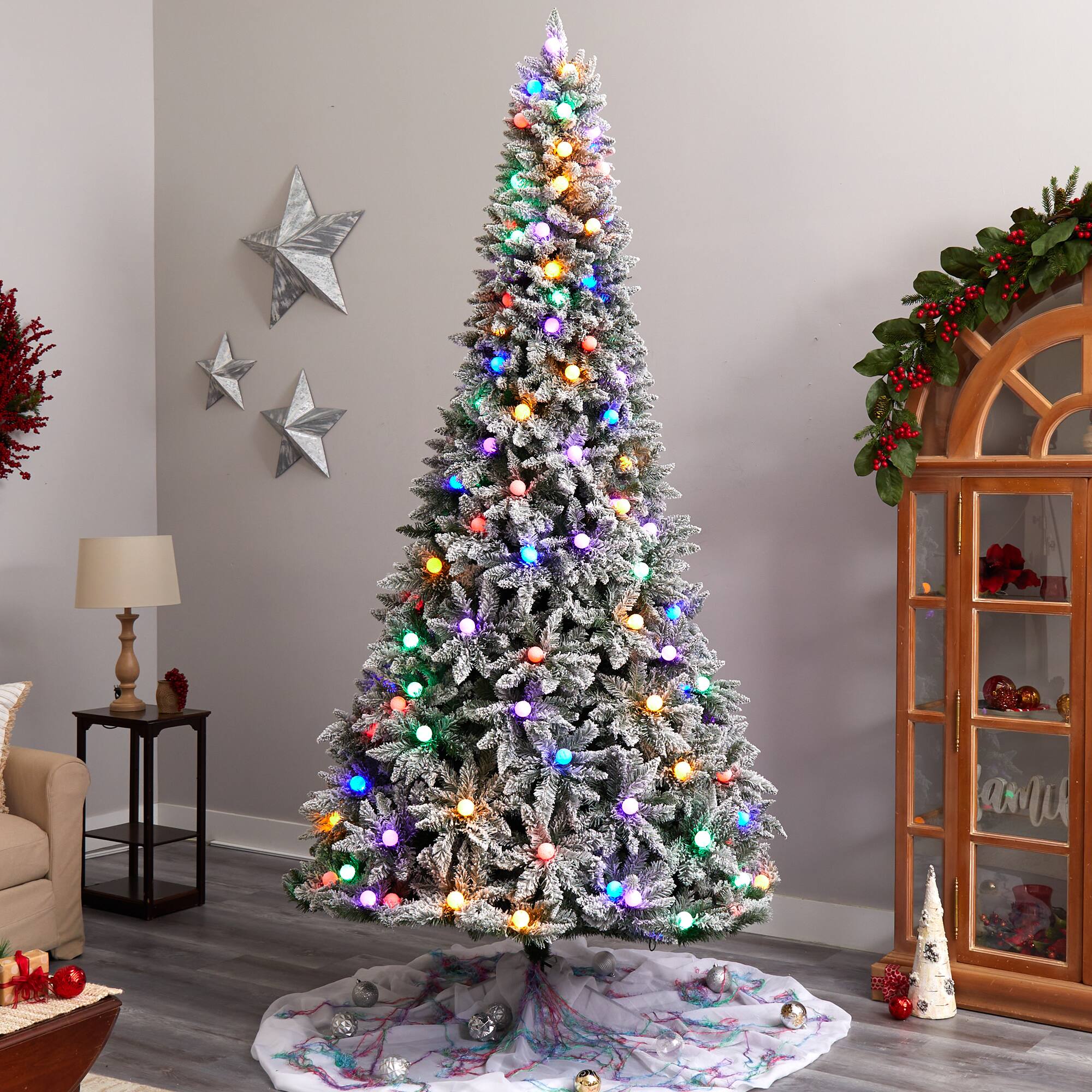 9.5ft. Pre-Lit Flocked British Columbia Mountain Fir Artificial Christmas Tree, Multicolor Globe Bulbs