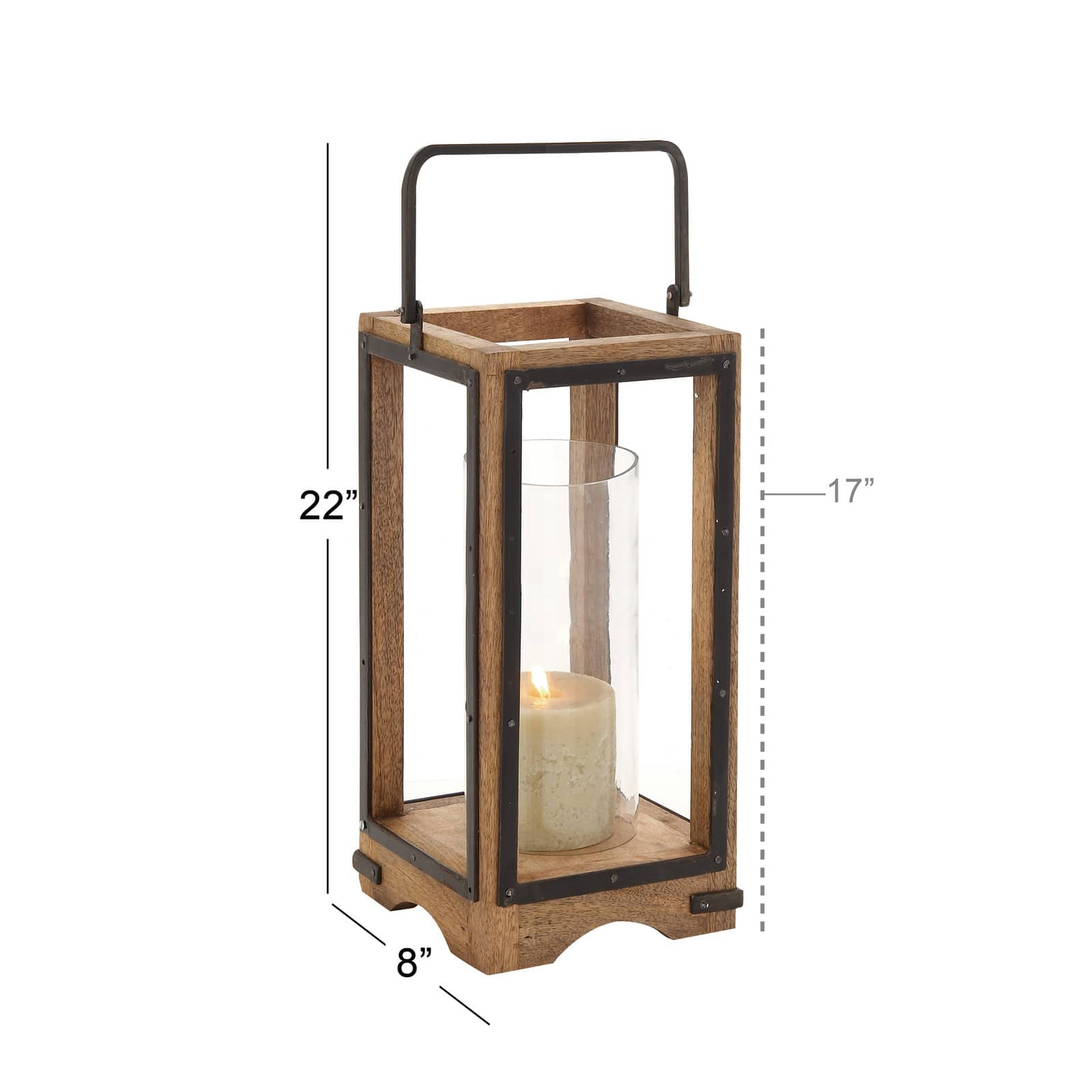 Natural Brown Mango Wood Traditional Candle Holder Lantern, 22&#x22; x 8&#x22; x 8&#x22;