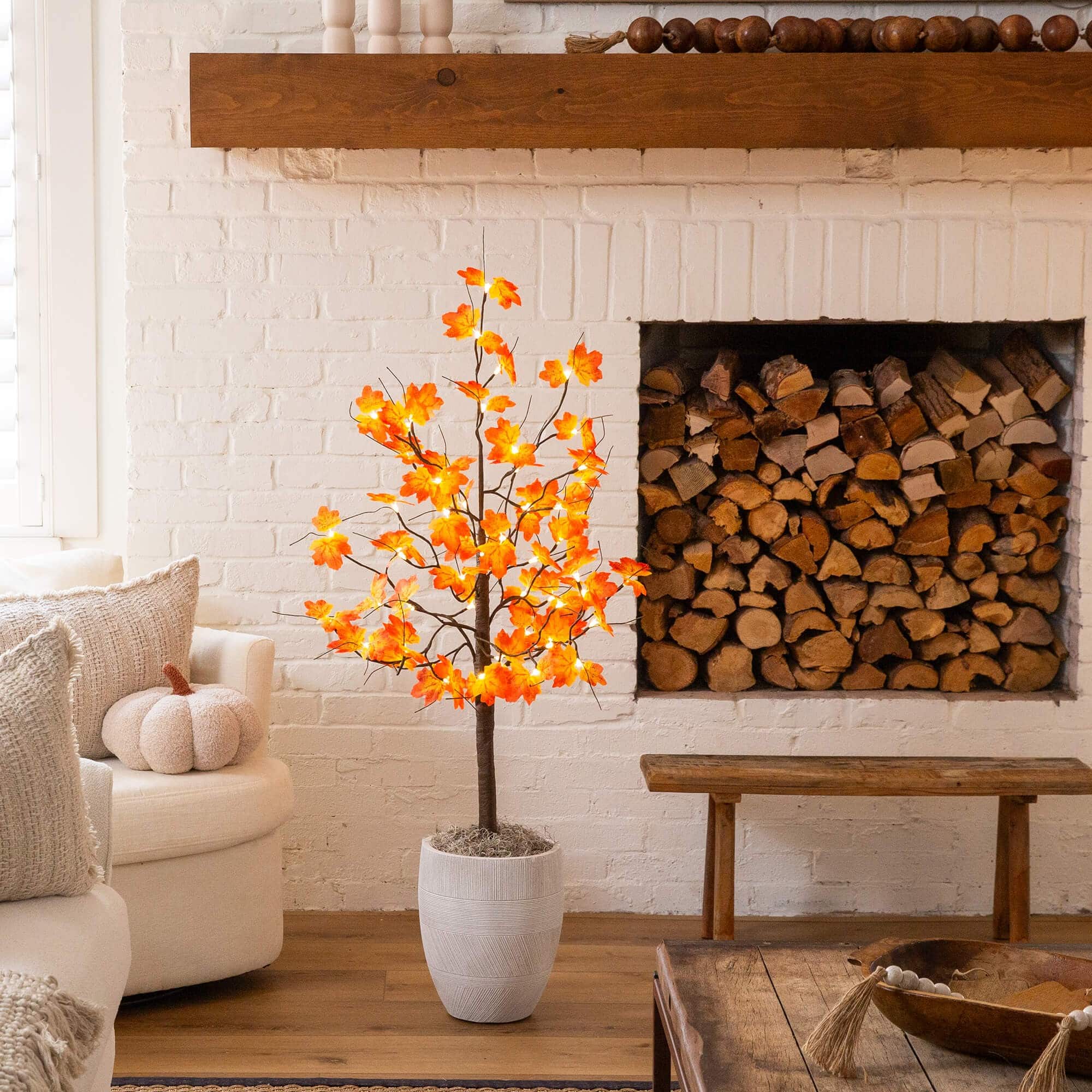 4ft. Pre-Lit Minimalist Autumn Maple Artificial Fall Tree with 56 Warm White LED Lights