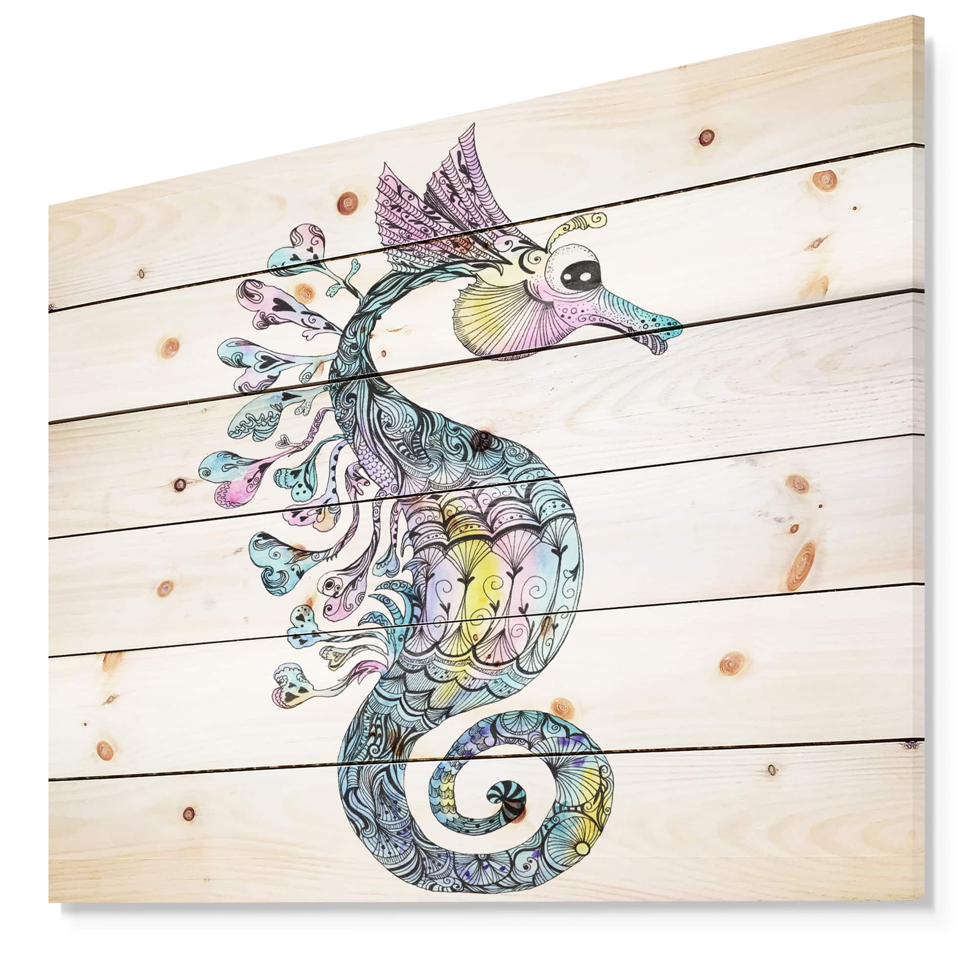 Designart - Colorful Seahorse Watercolor - Animal Art Print on Natural Pine Wood