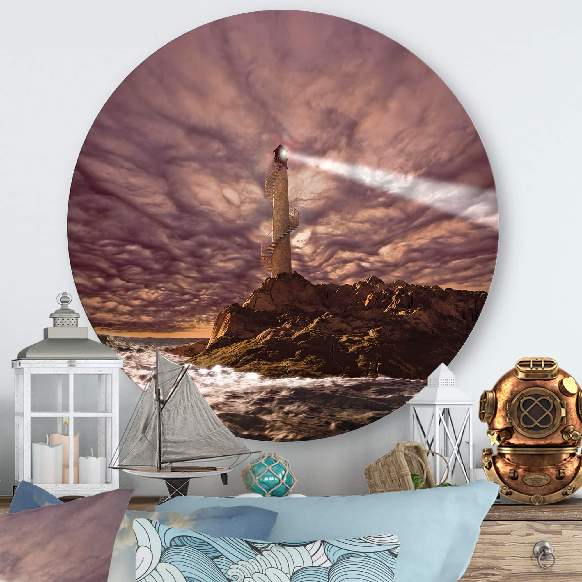 Designart - Lighthouse Shining Light During Stormy Night I - Nautical &#x26; Coastal Metal Circle Wall Art