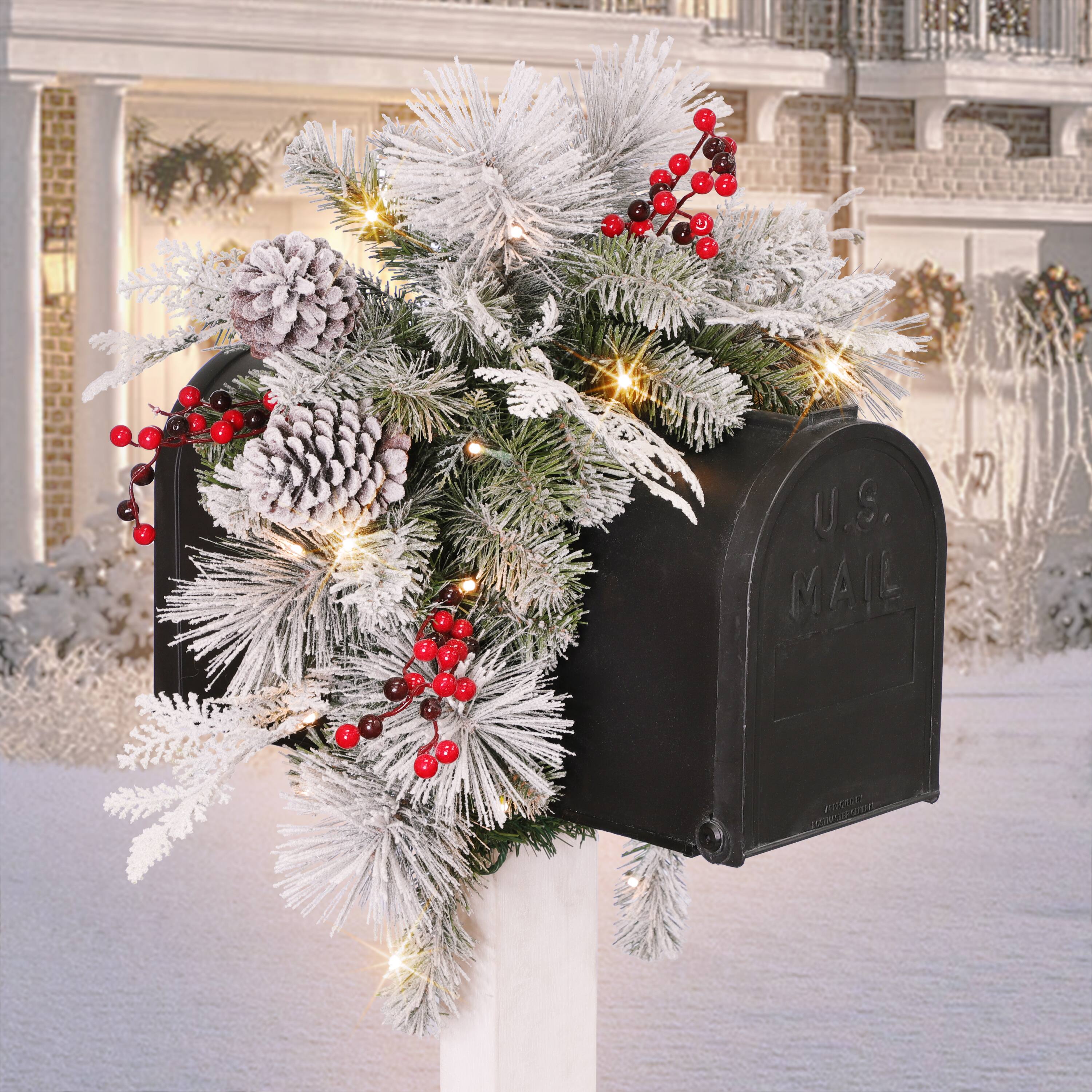 36" x 16" Pre-Lit Flocked Pine Mailbox Swag