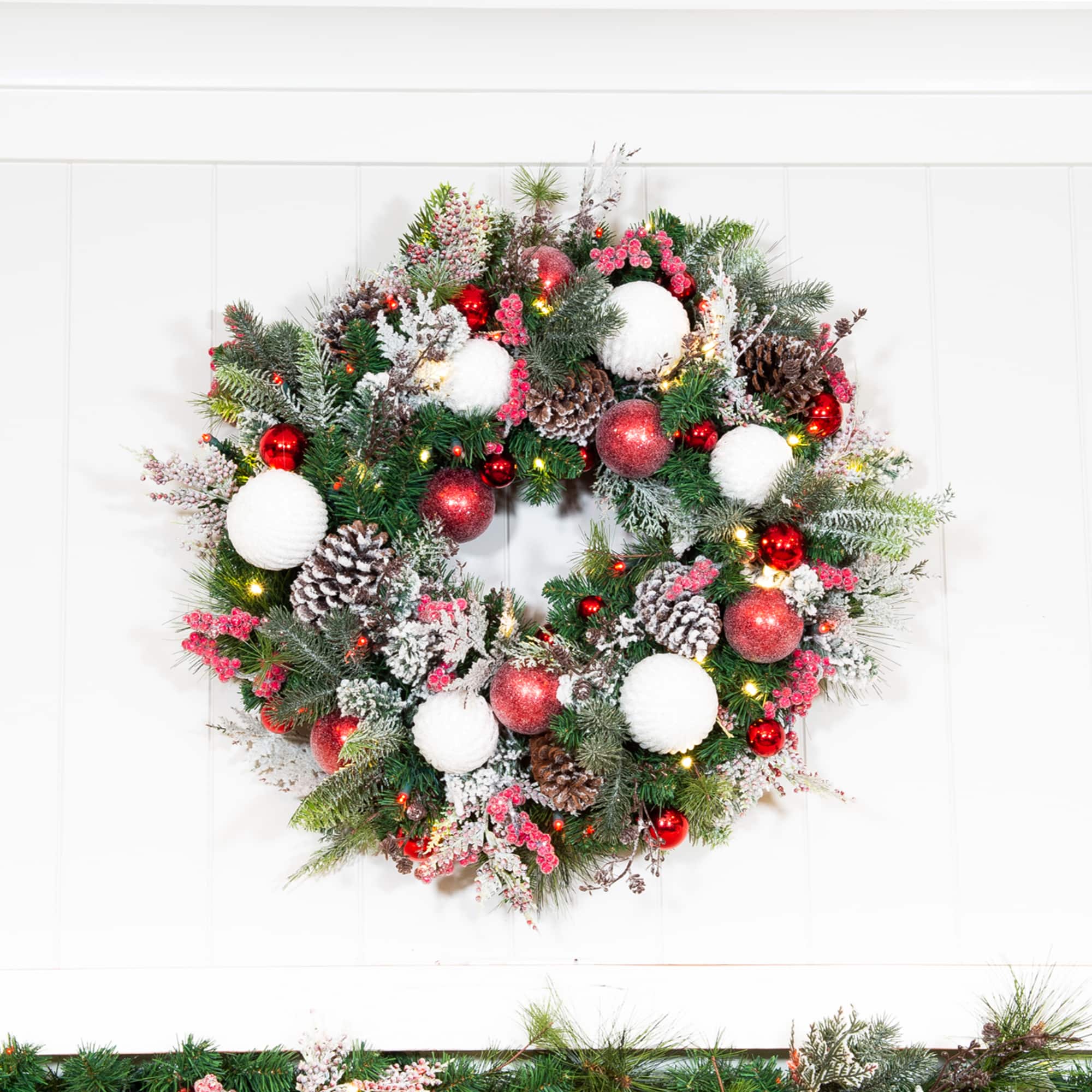 Village Lighting 30&#x22; Pre-Lit Frosted Wonderland Christmas Wreath, Red &#x26; Clear LED Lights