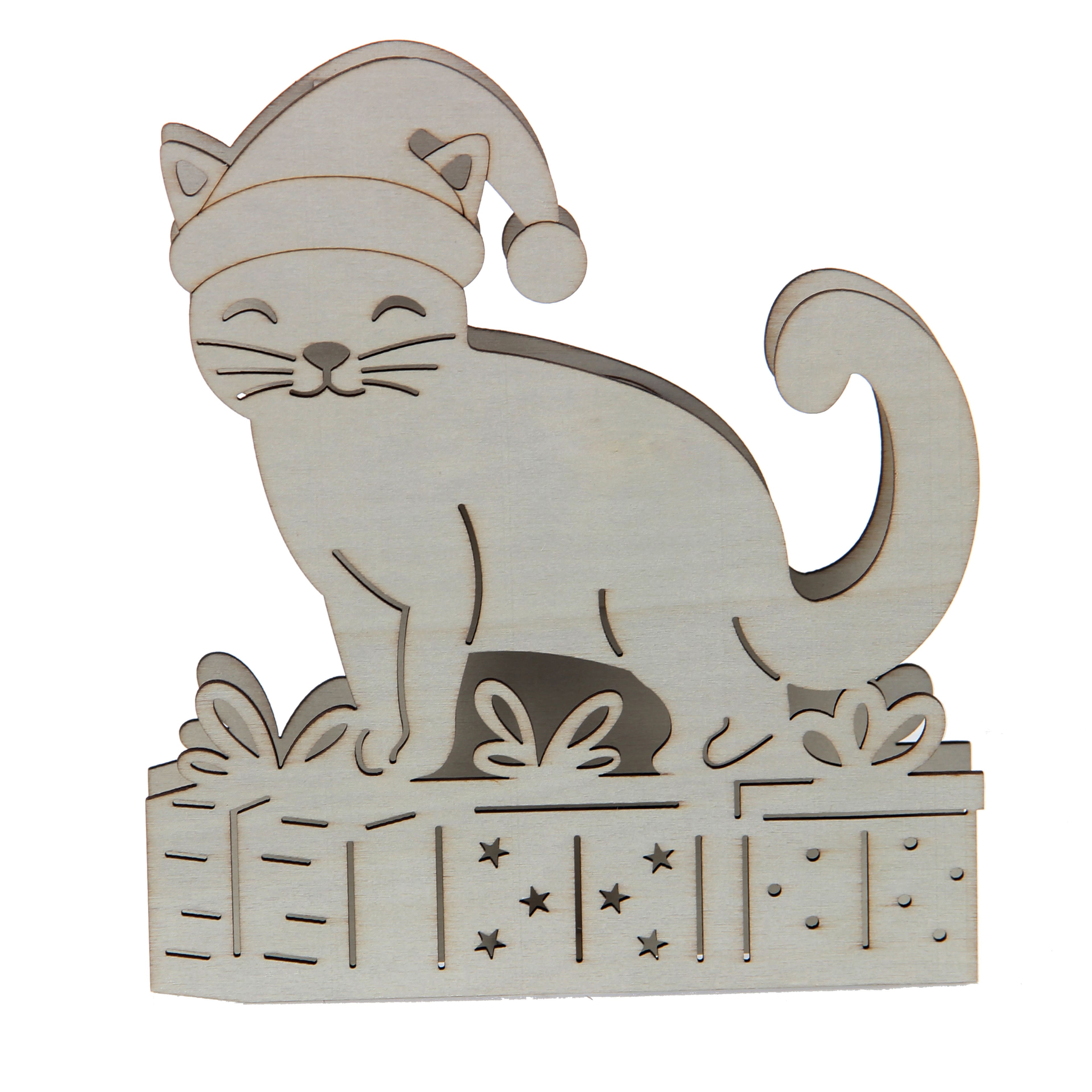 7&#x22; Unfinished Cat in Santa Hat DIY LED Wood D&#xE9;cor by Make Market&#xAE;
