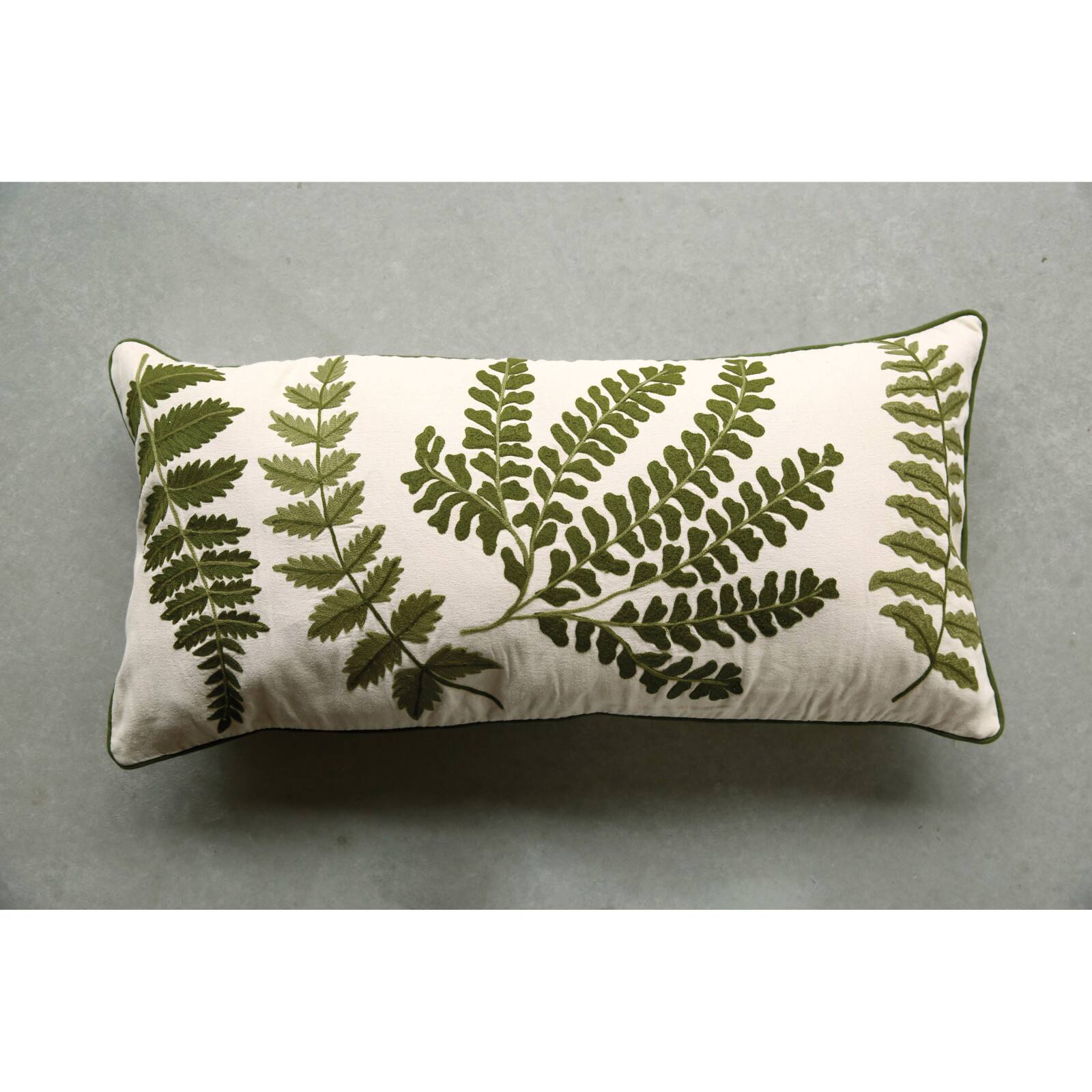 Hello Honey® Embroidered Green Ferns on White Cotton Lumbar Pillow
