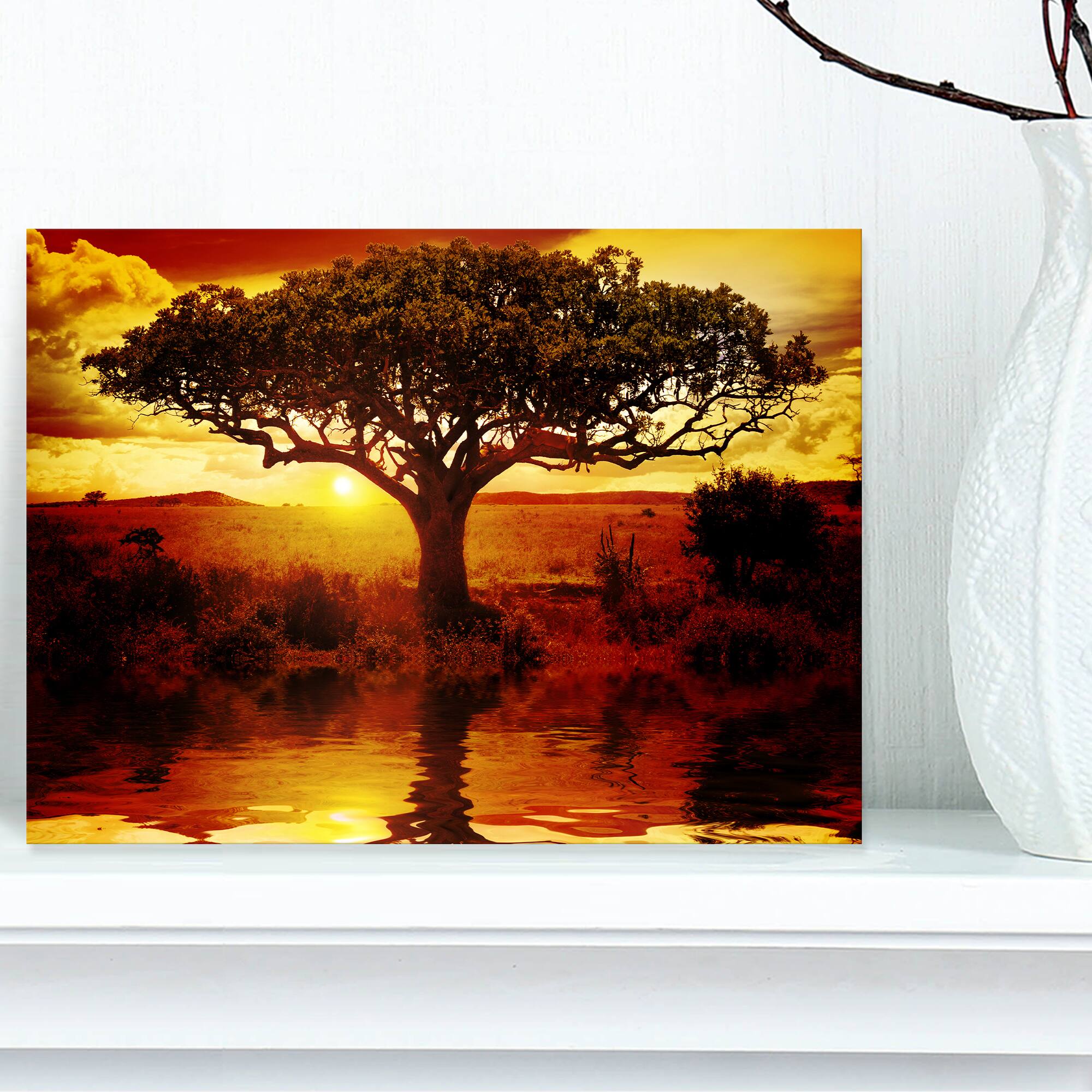 Designart - Lonely Tree in African Sunset - Oversized African Landscape Canvas Art