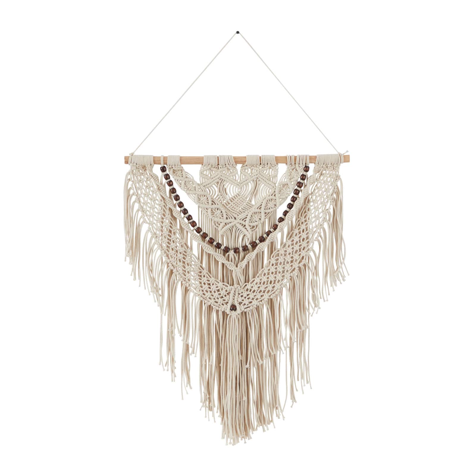 Cream Cotton Intricately Weaved Macrame Wall Decor with Beaded Fringe Tassels 25" x 1" x 44"